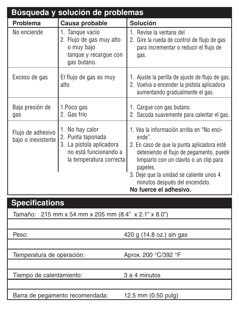 Búsqueda y solución de problemas, Specifications | Master Appliance PORTAPRO GG-100 User Manual | Page 23 / 25