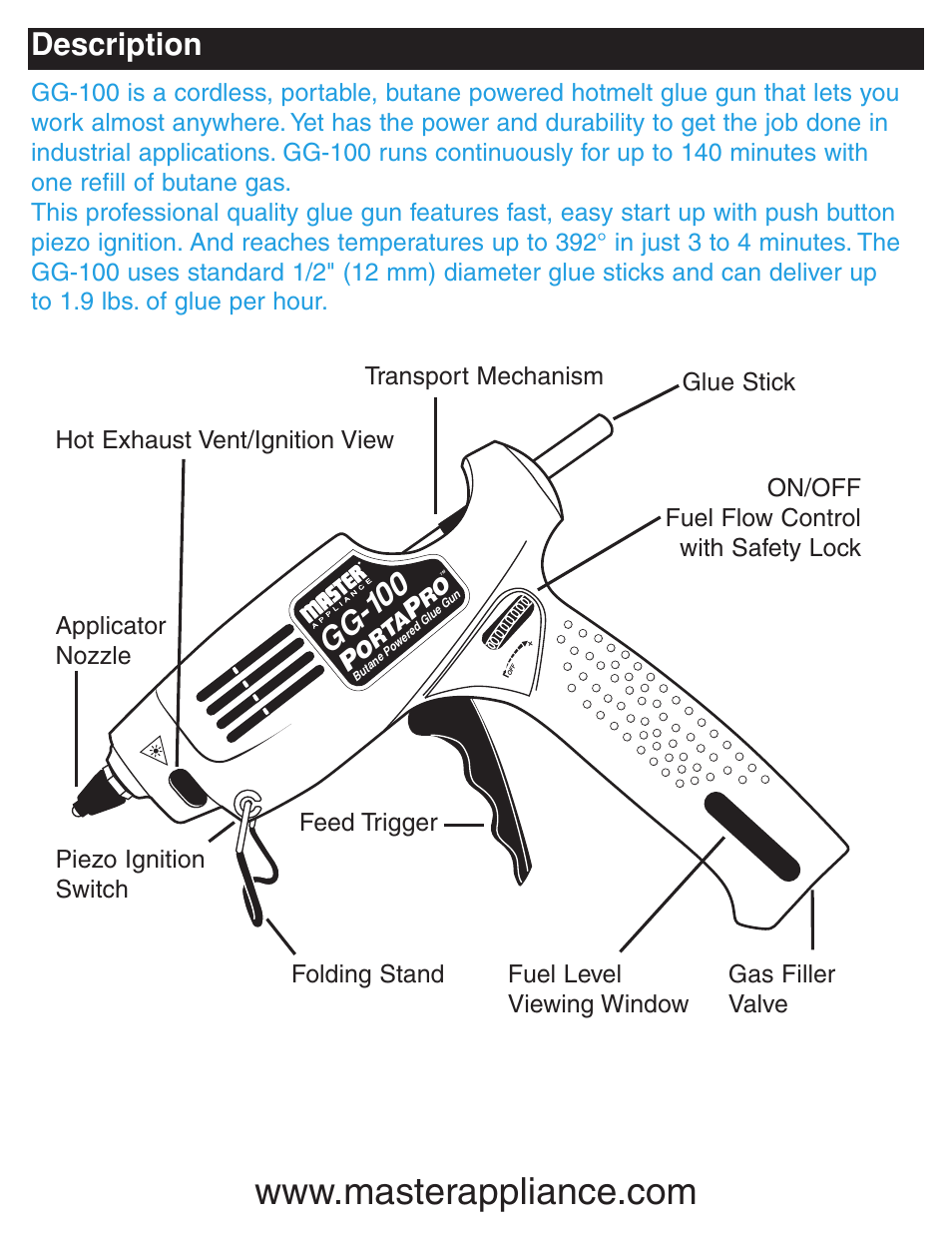 Description, Gg -10 0 | Master Appliance PORTAPRO GG-100 User Manual | Page 3 / 25