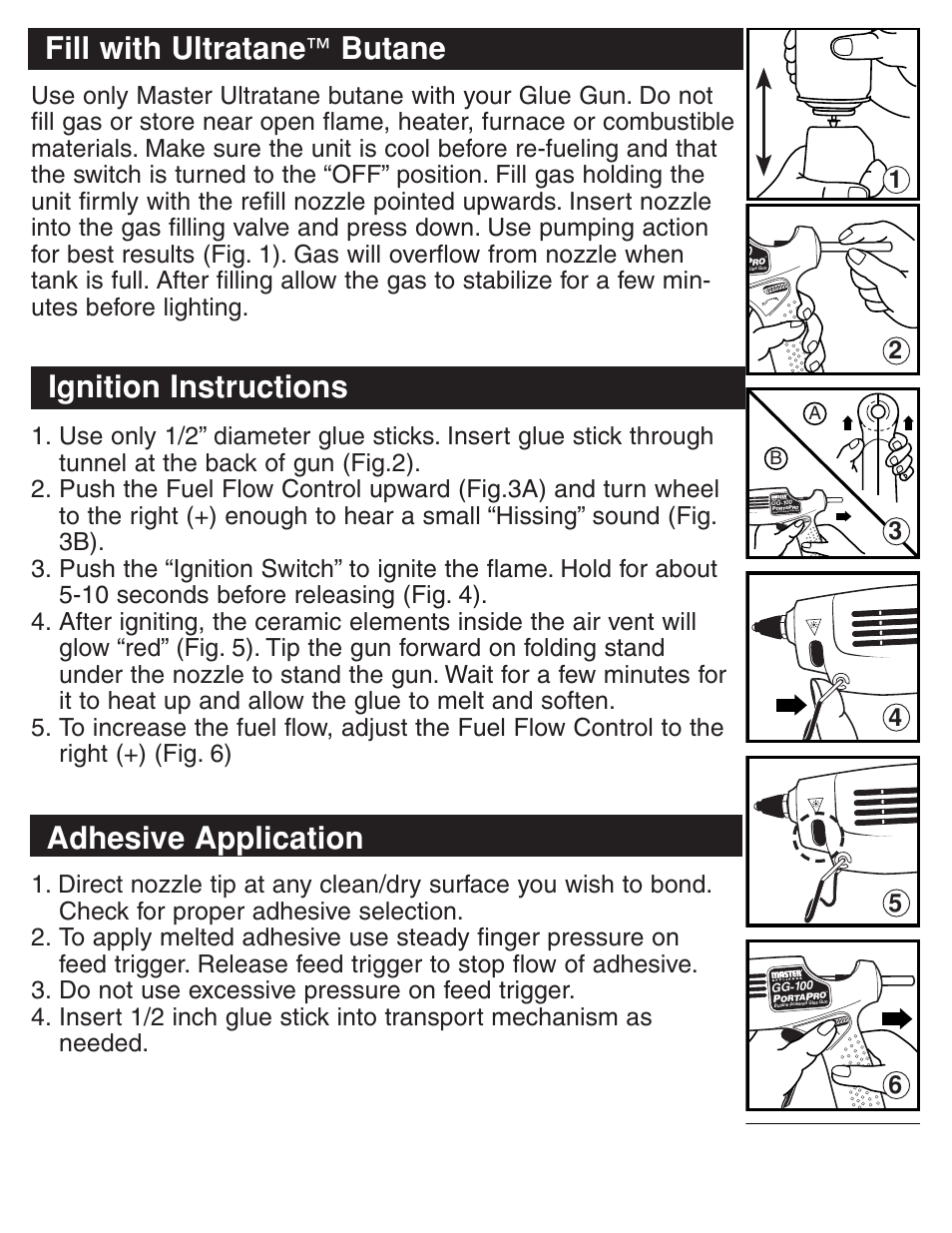 Fill with ultratane, Butane, Ignition instructions | Adhesive application | Master Appliance PORTAPRO GG-100 User Manual | Page 5 / 25