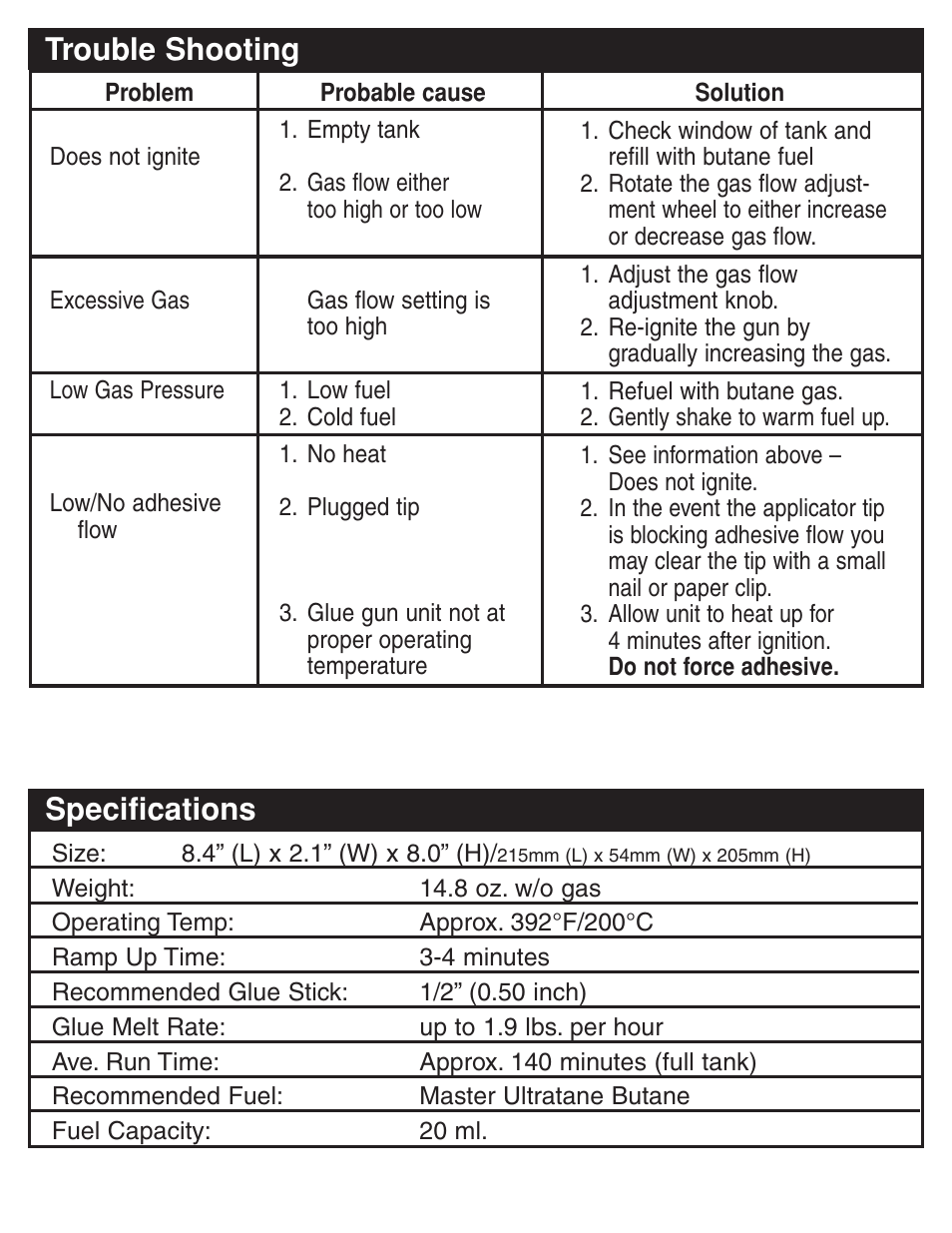 Trouble shooting, Specifications | Master Appliance PORTAPRO GG-100 User Manual | Page 7 / 25