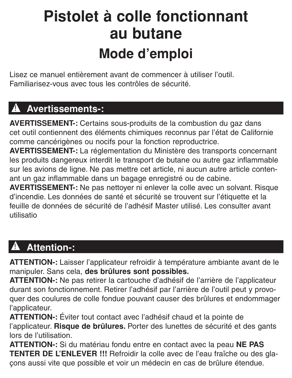 Pistolet à colle fonctionnant au butane, Mode d’emploi | Master Appliance PORTAPRO GG-100 User Manual | Page 9 / 25