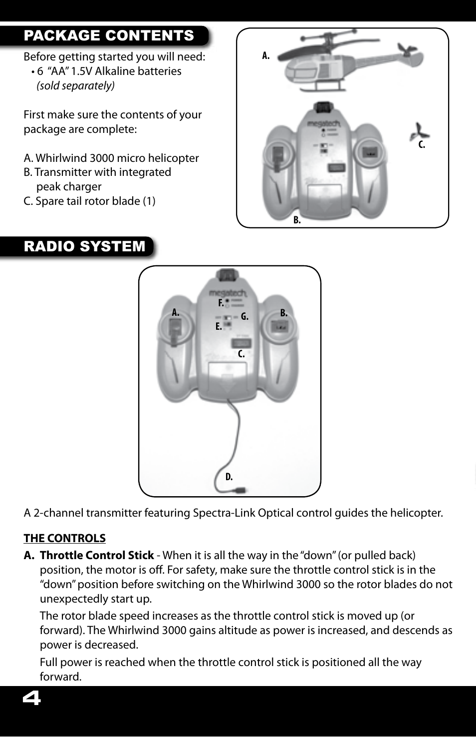 Package contents, Radio system | MegaTech Whirlwind 3000 User Manual | Page 4 / 16