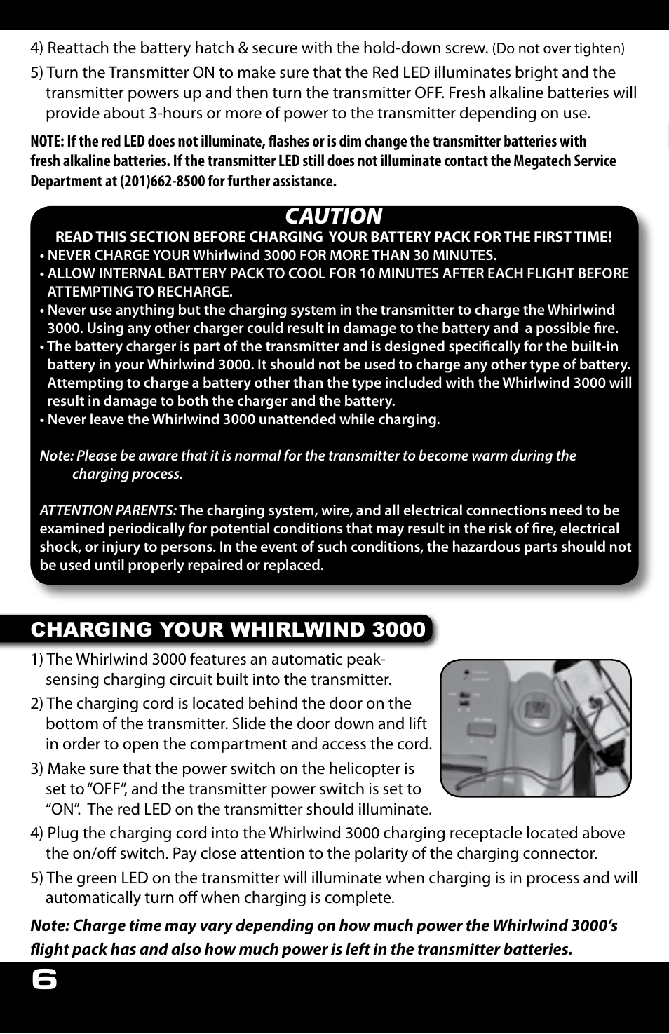 Caution, Charging your whirlwind 3000 | MegaTech Whirlwind 3000 User Manual | Page 6 / 16