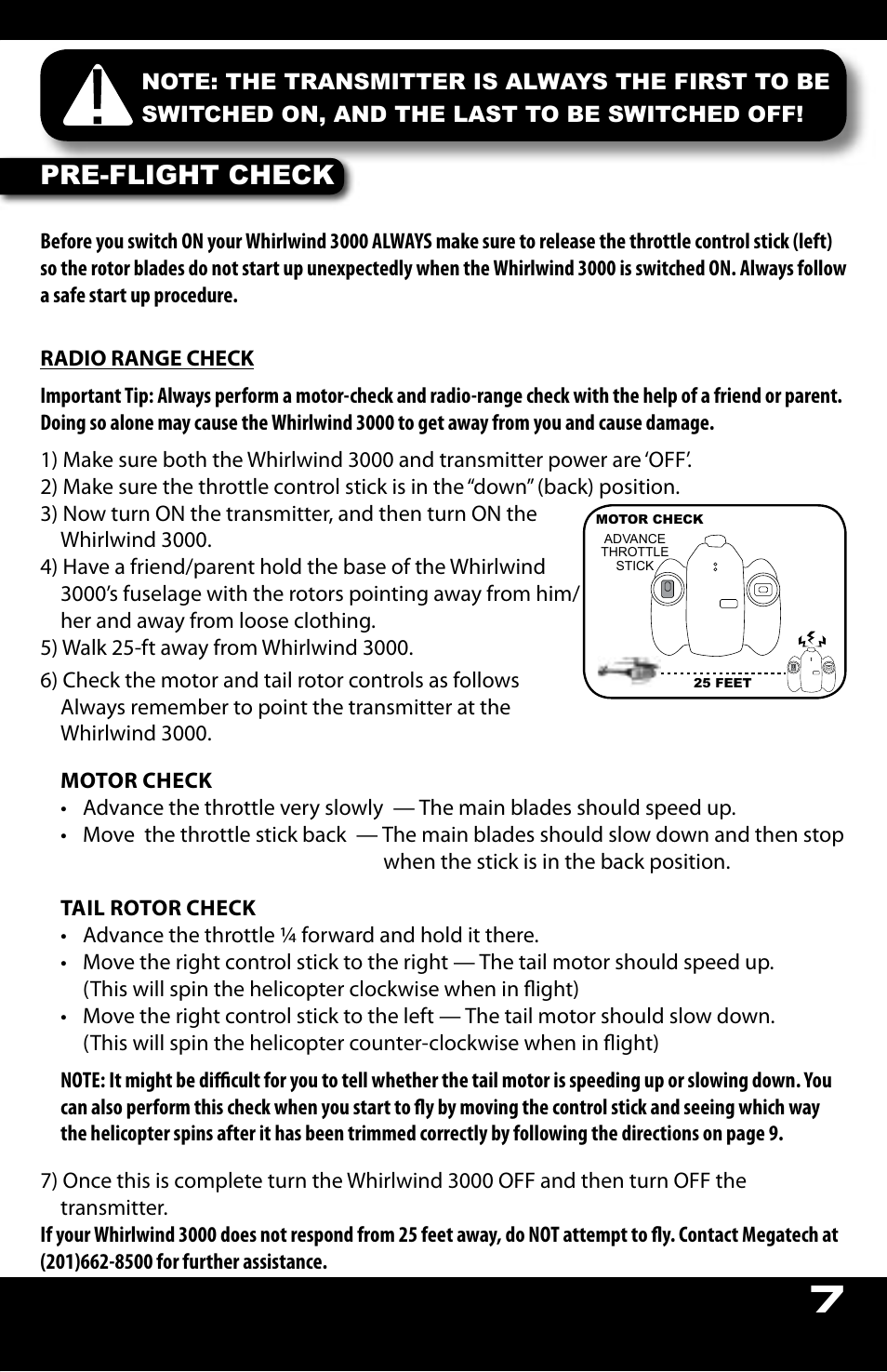 Pre-flight check | MegaTech Whirlwind 3000 User Manual | Page 7 / 16
