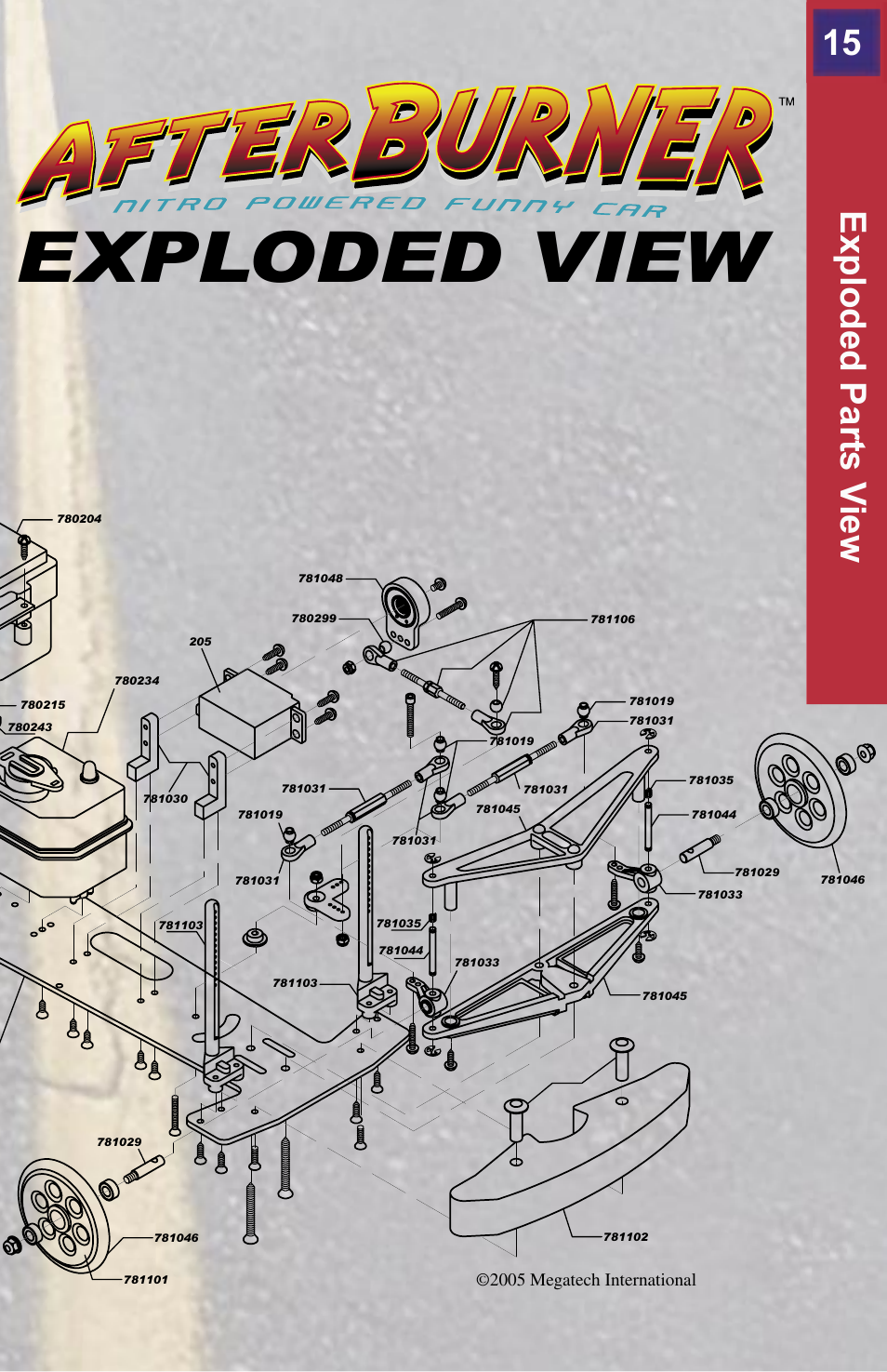 Exploded view, 15 exploded parts v iew, 2005 megatech international | MegaTech AfterBurner User Manual | Page 15 / 20