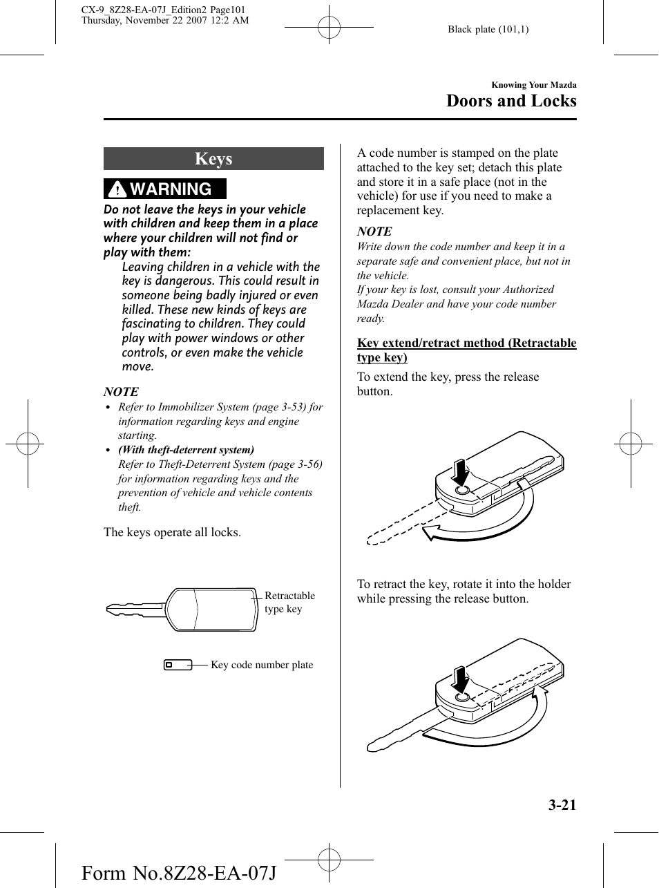 Doors and locks, Keys, Doors and locks -21 | Keys -21, Warning | Mazda 2008 CX-9 User Manual | Page 101 / 506