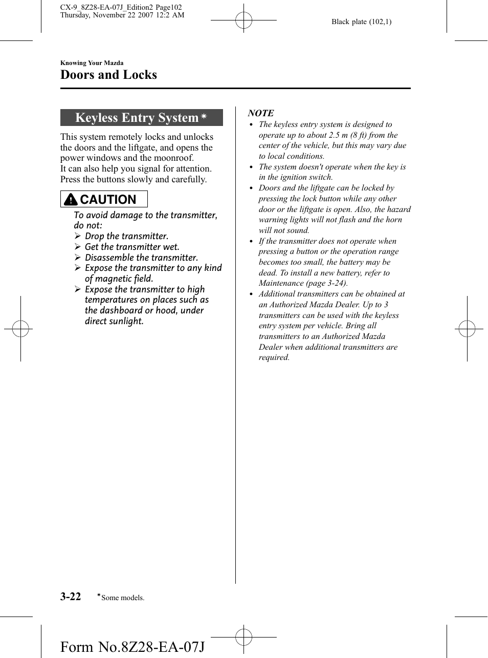 Keyless entry system, Doors and locks, Caution | Mazda 2008 CX-9 User Manual | Page 102 / 506