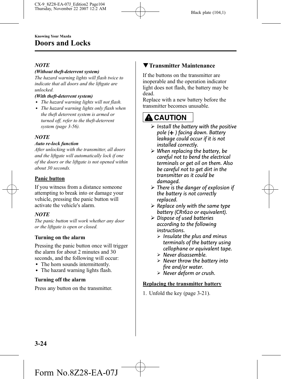 Doors and locks, Caution | Mazda 2008 CX-9 User Manual | Page 104 / 506