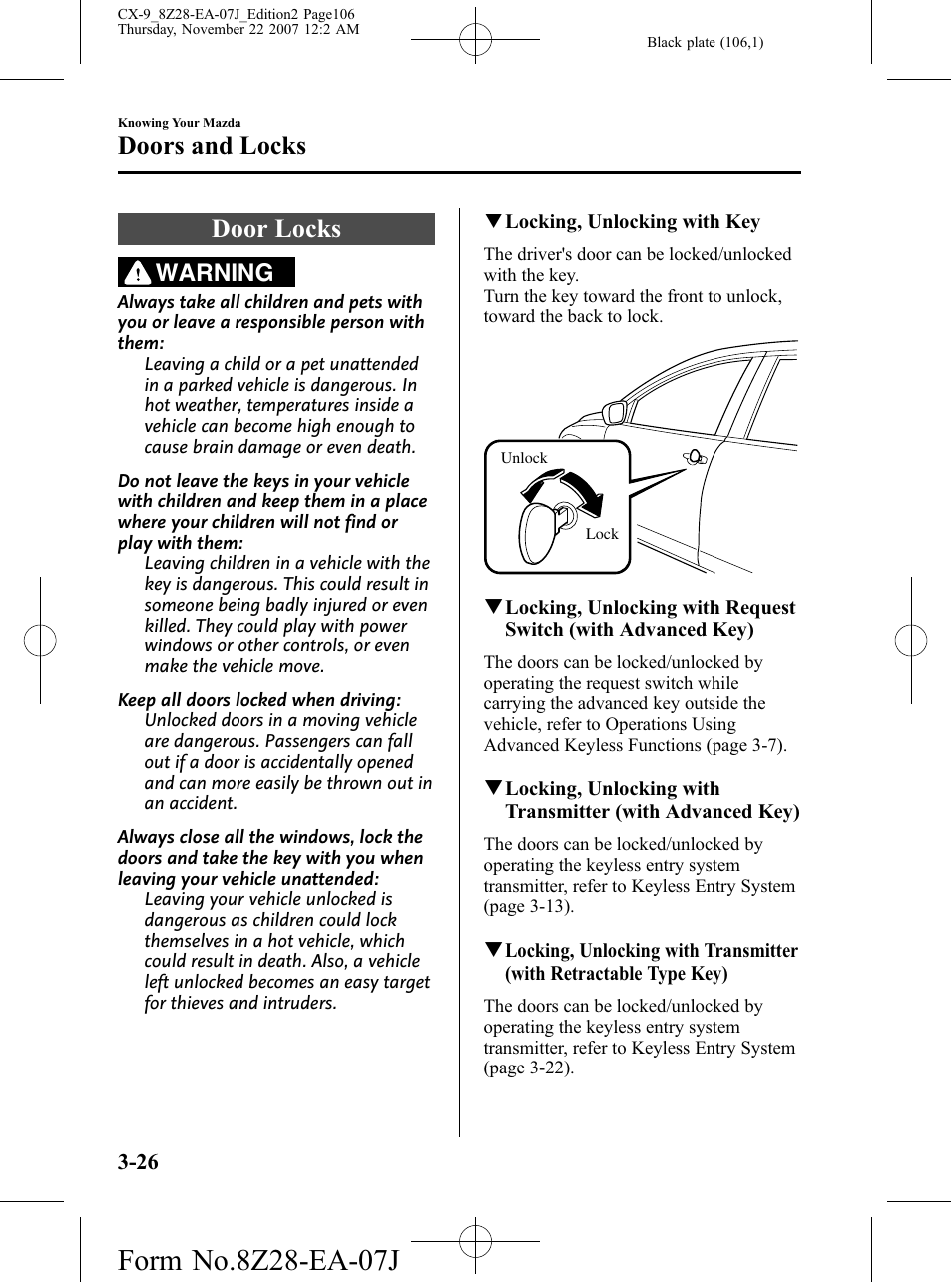 Door locks, Door locks -26, Doors and locks | Warning | Mazda 2008 CX-9 User Manual | Page 106 / 506