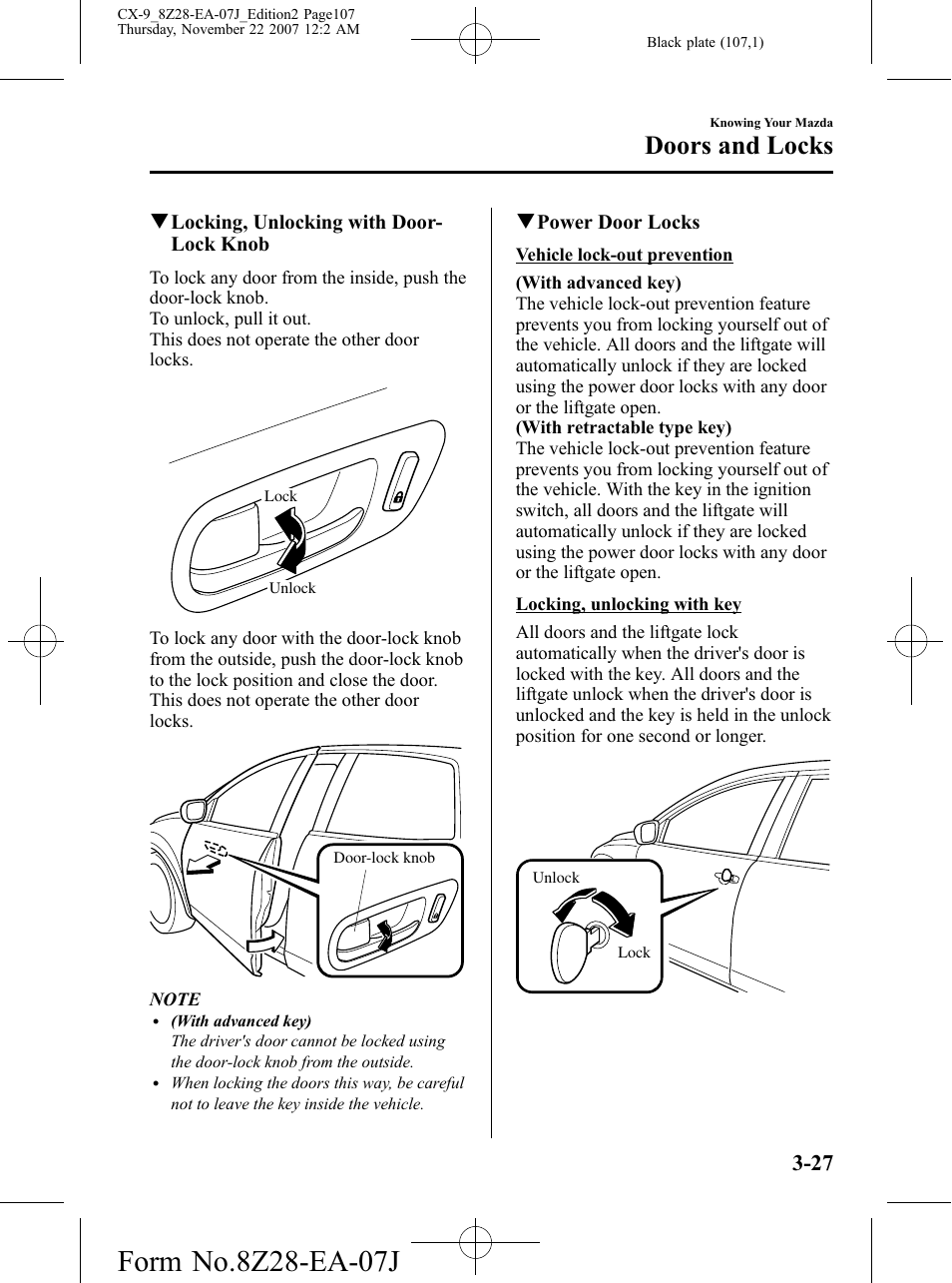 Doors and locks | Mazda 2008 CX-9 User Manual | Page 107 / 506