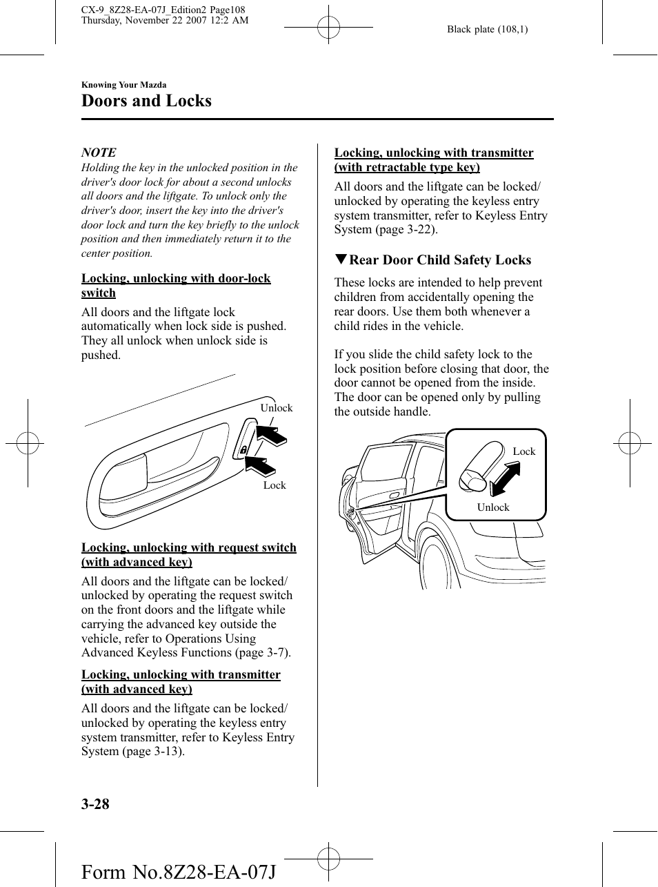 Doors and locks | Mazda 2008 CX-9 User Manual | Page 108 / 506