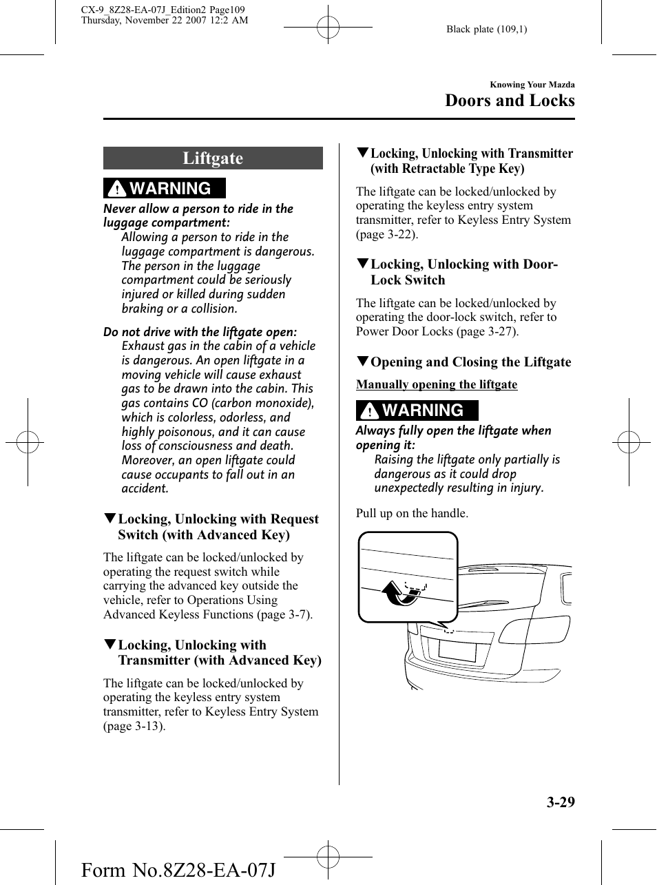 Liftgate, Liftgate -29, Doors and locks | Warning | Mazda 2008 CX-9 User Manual | Page 109 / 506