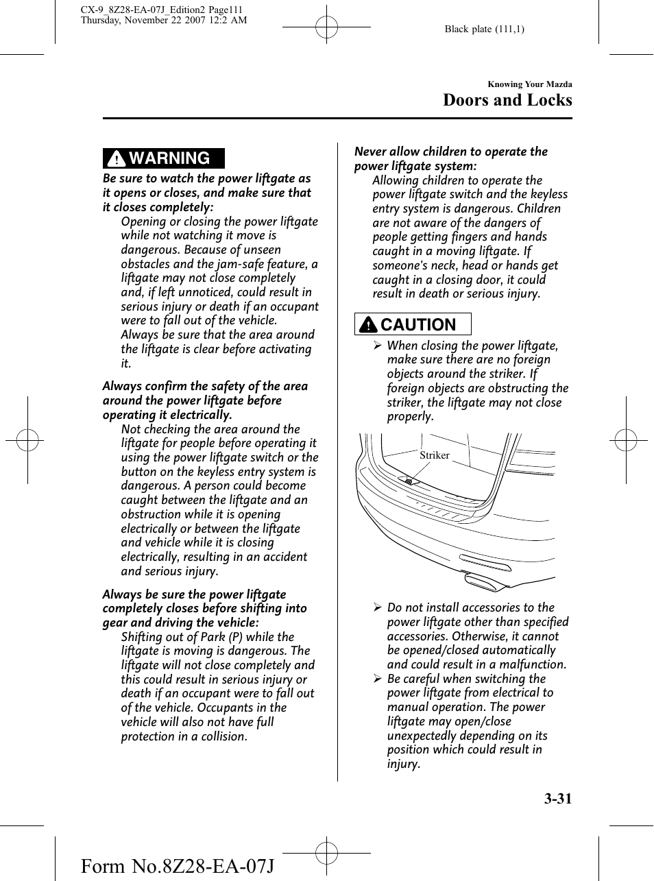 Doors and locks, Warning, Caution | Mazda 2008 CX-9 User Manual | Page 111 / 506