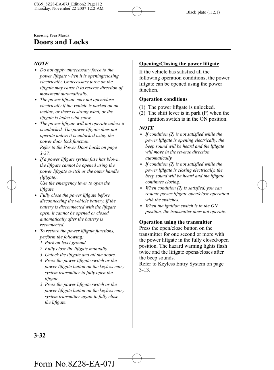 Doors and locks | Mazda 2008 CX-9 User Manual | Page 112 / 506