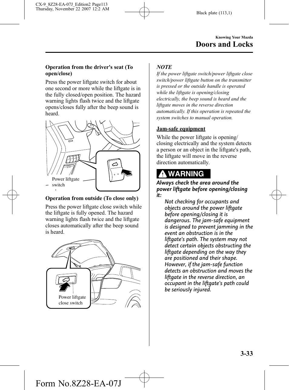 Doors and locks, Warning | Mazda 2008 CX-9 User Manual | Page 113 / 506