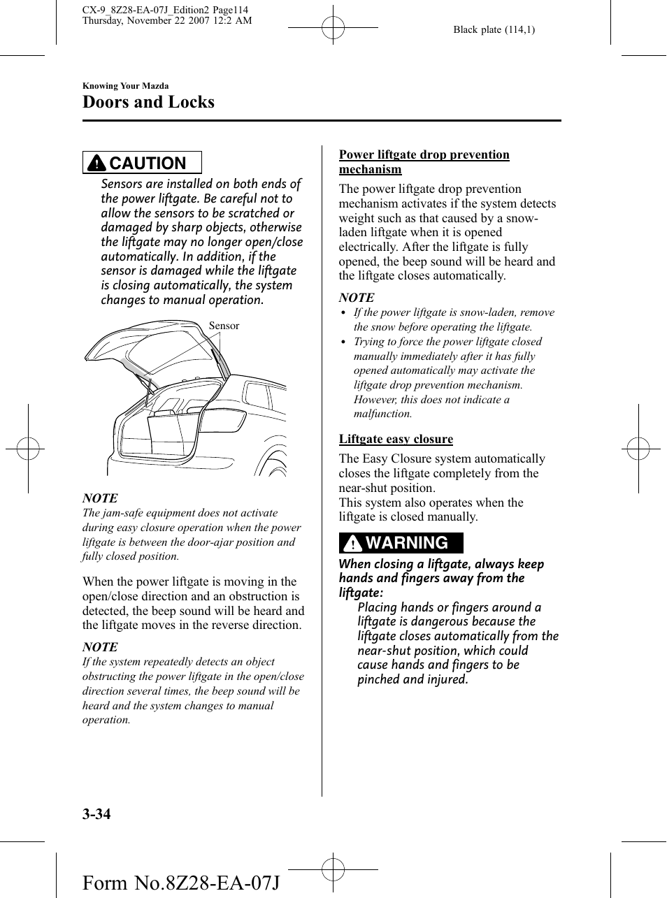 Doors and locks, Caution, Warning | Mazda 2008 CX-9 User Manual | Page 114 / 506