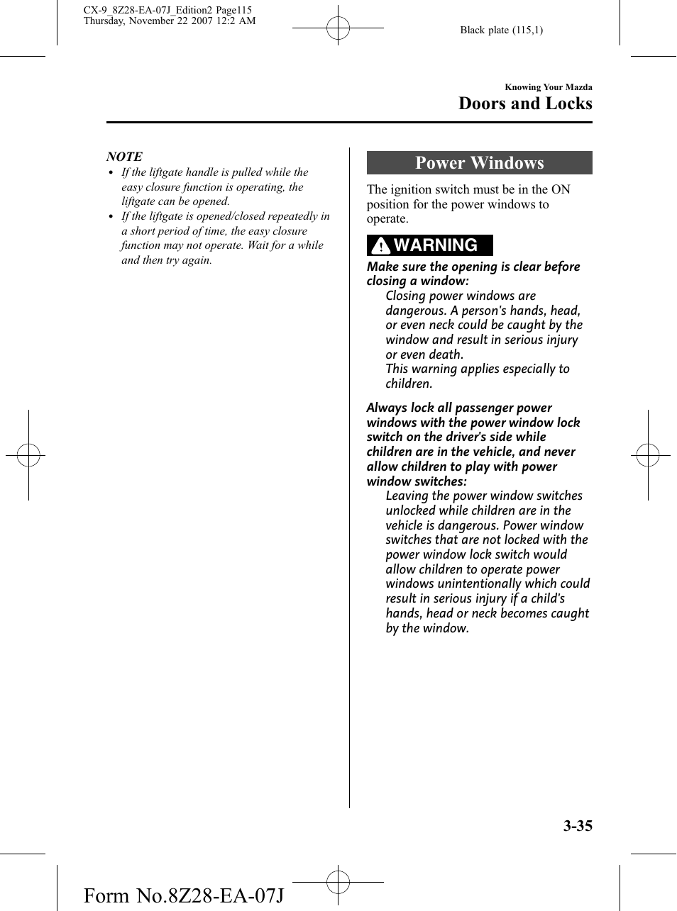 Power windows, Power windows -35, Doors and locks | Warning | Mazda 2008 CX-9 User Manual | Page 115 / 506