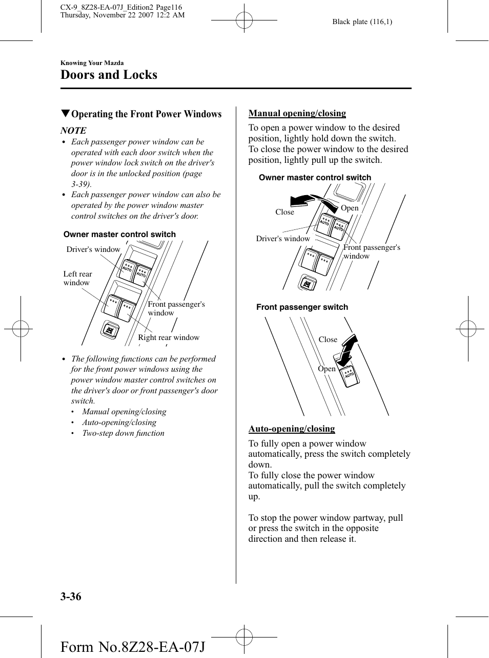 Doors and locks, Qoperating the front power windows | Mazda 2008 CX-9 User Manual | Page 116 / 506