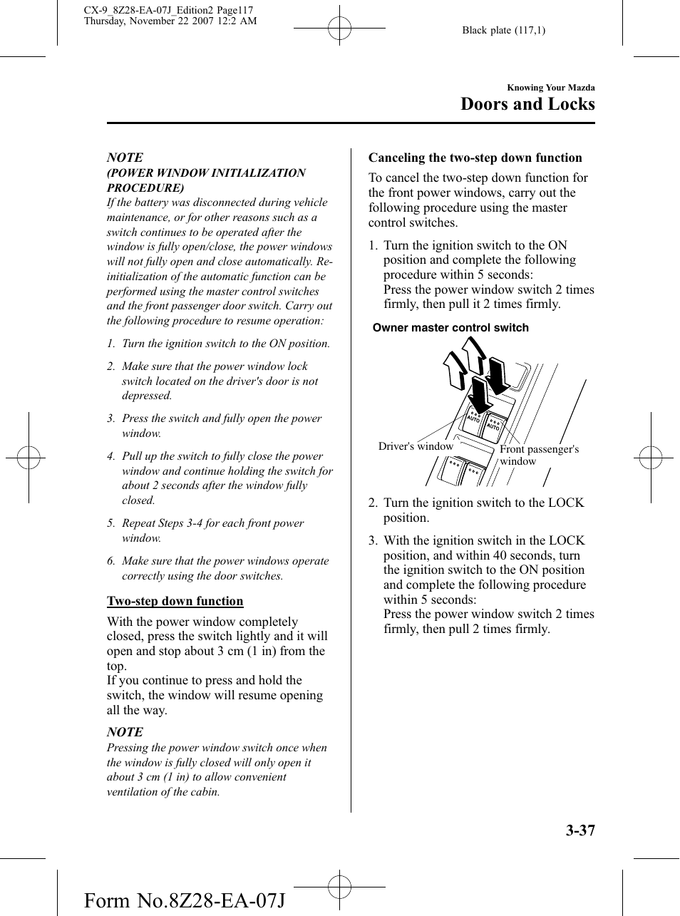 Doors and locks | Mazda 2008 CX-9 User Manual | Page 117 / 506