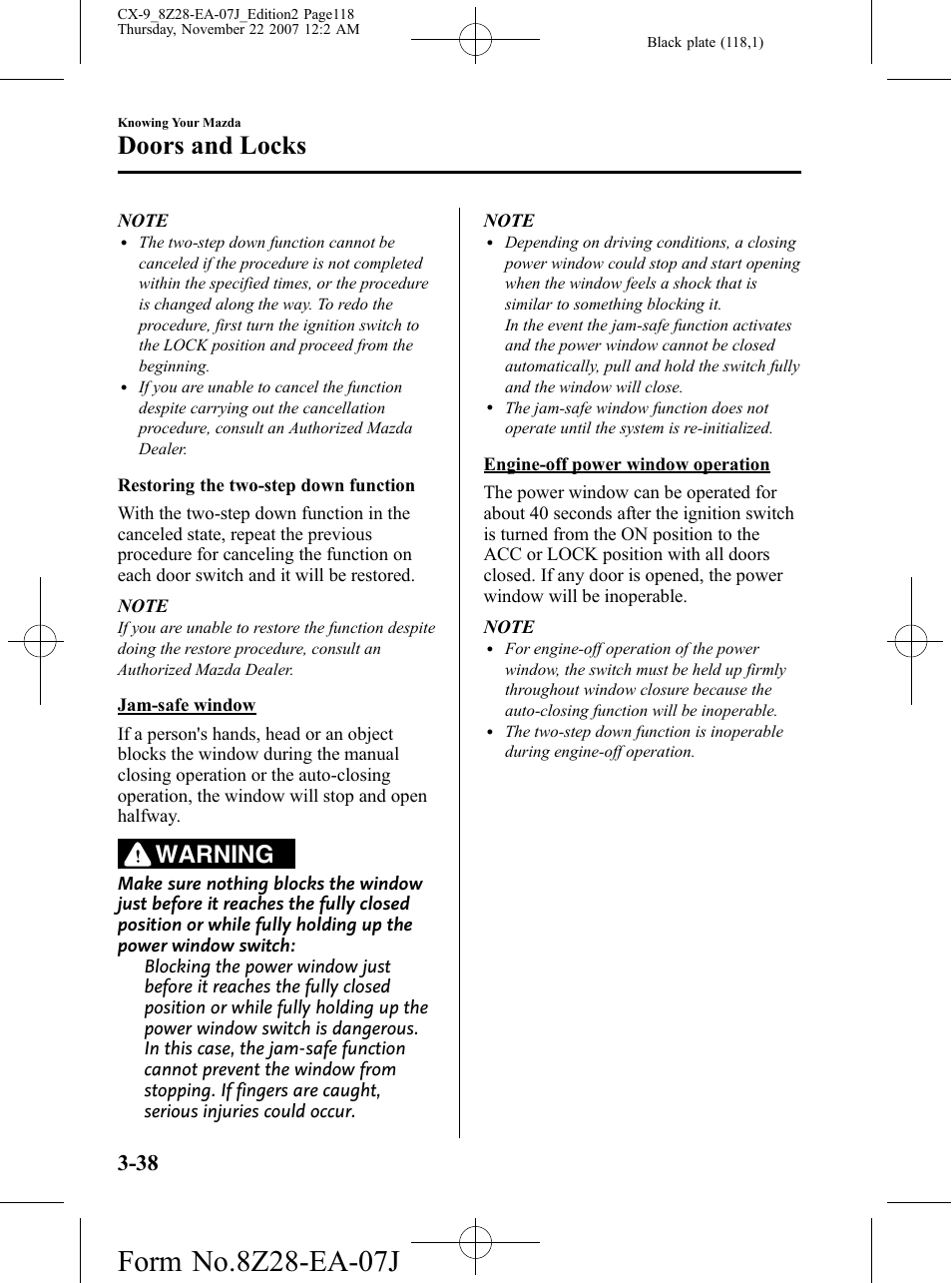 Doors and locks, Warning | Mazda 2008 CX-9 User Manual | Page 118 / 506