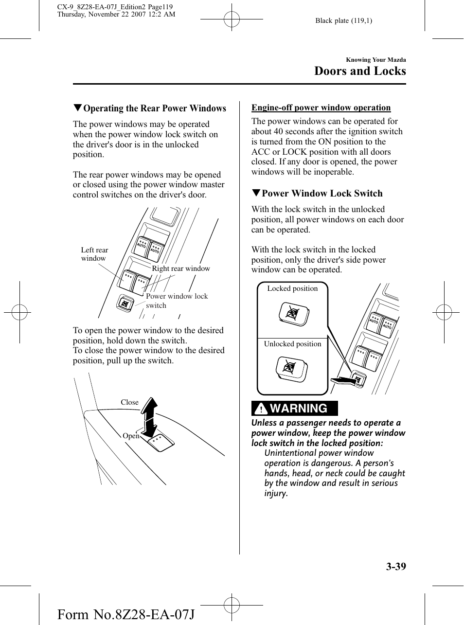 Doors and locks, Warning | Mazda 2008 CX-9 User Manual | Page 119 / 506