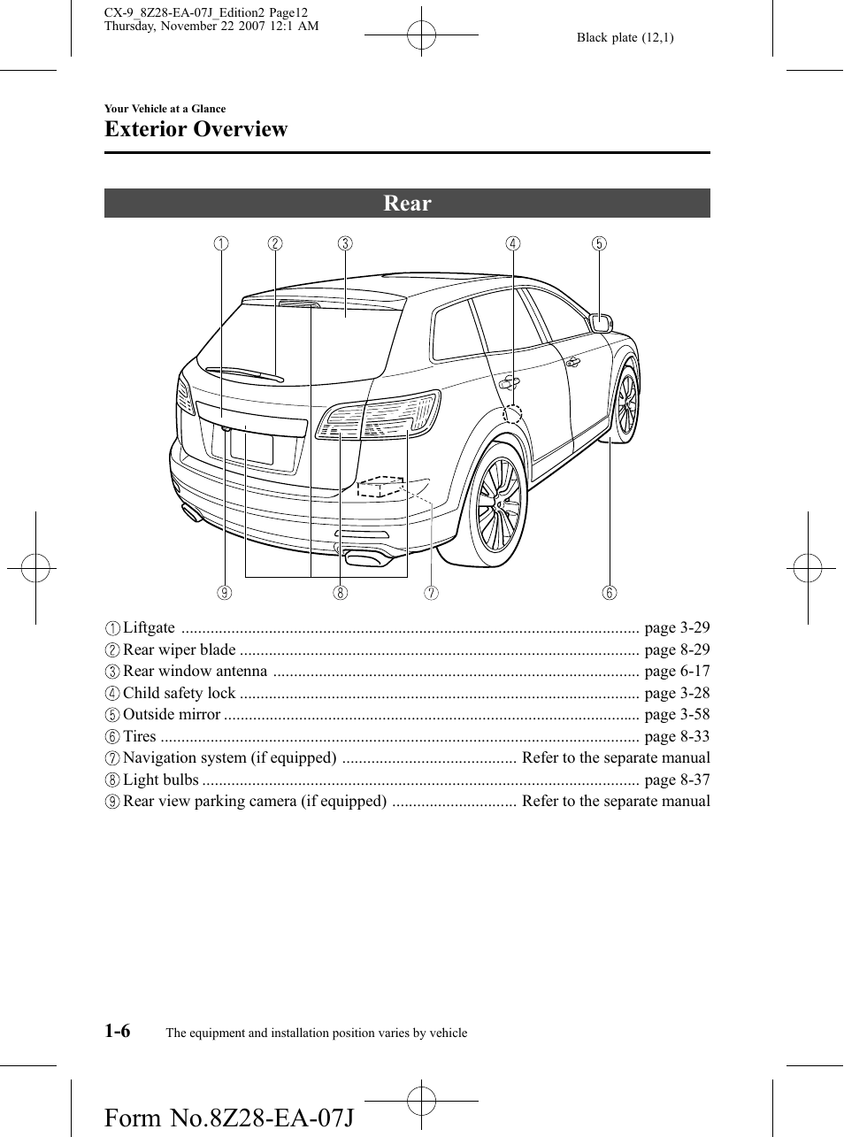 Rear, Rear -6, Exterior overview | Mazda 2008 CX-9 User Manual | Page 12 / 506