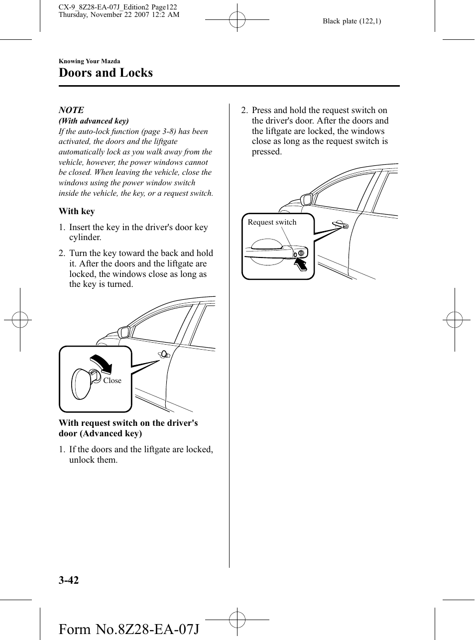 Doors and locks | Mazda 2008 CX-9 User Manual | Page 122 / 506