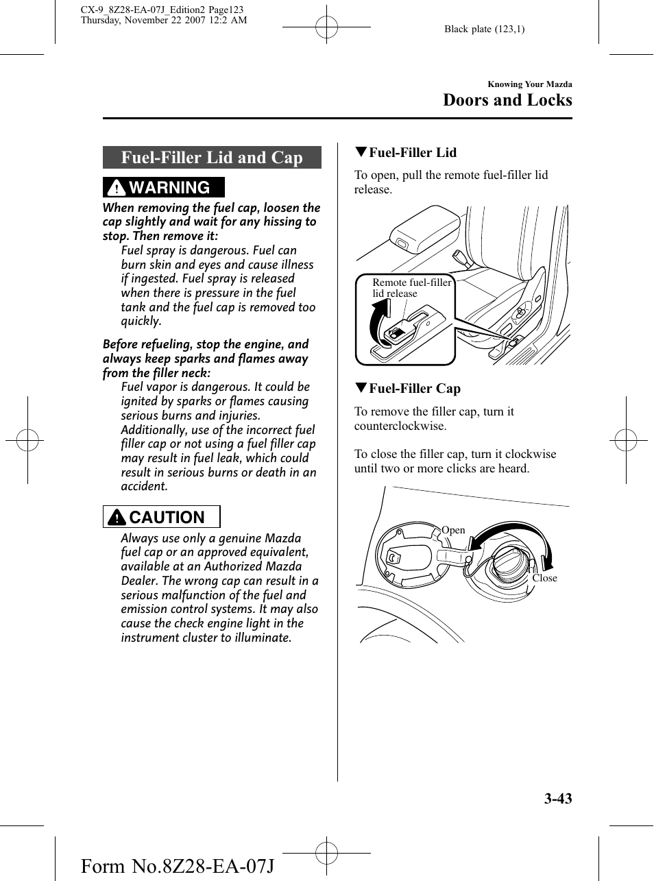 Fuel-filler lid and cap, Fuel-filler lid and cap -43, Doors and locks | Warning, Caution | Mazda 2008 CX-9 User Manual | Page 123 / 506