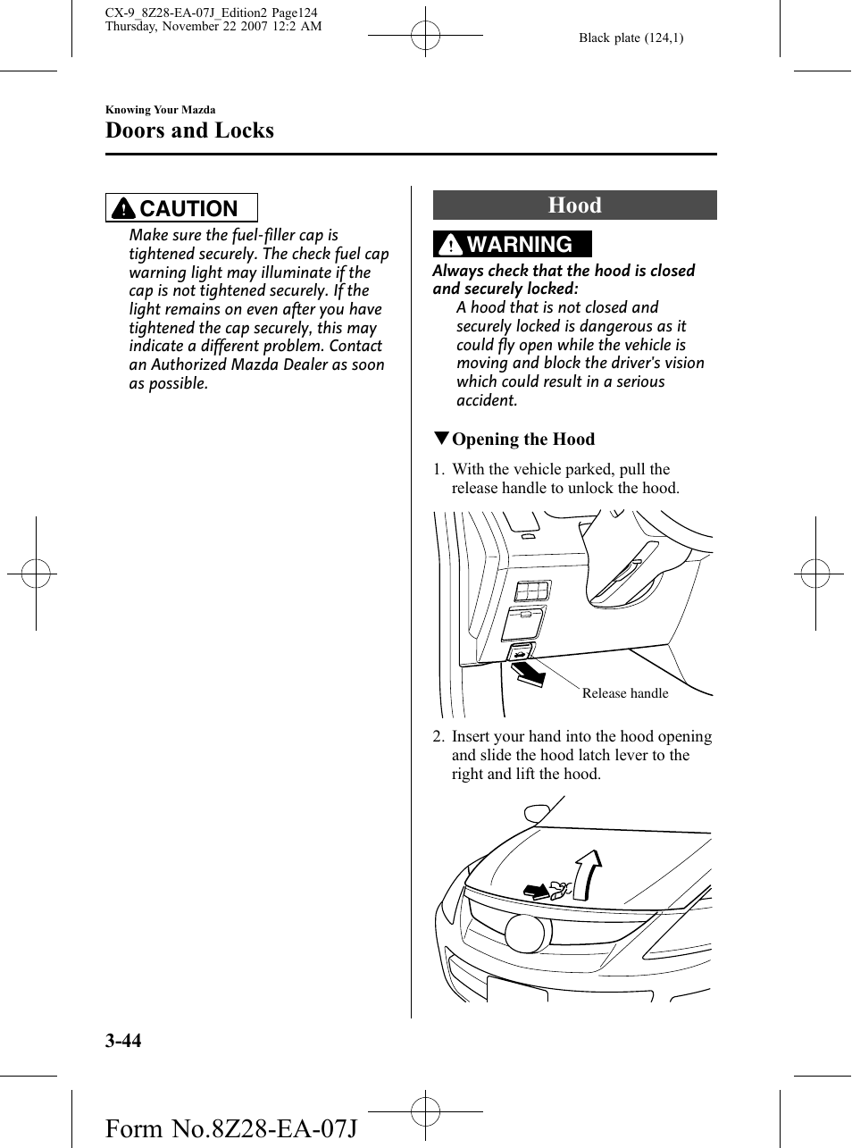 Hood, Hood -44, Doors and locks | Caution, Warning | Mazda 2008 CX-9 User Manual | Page 124 / 506
