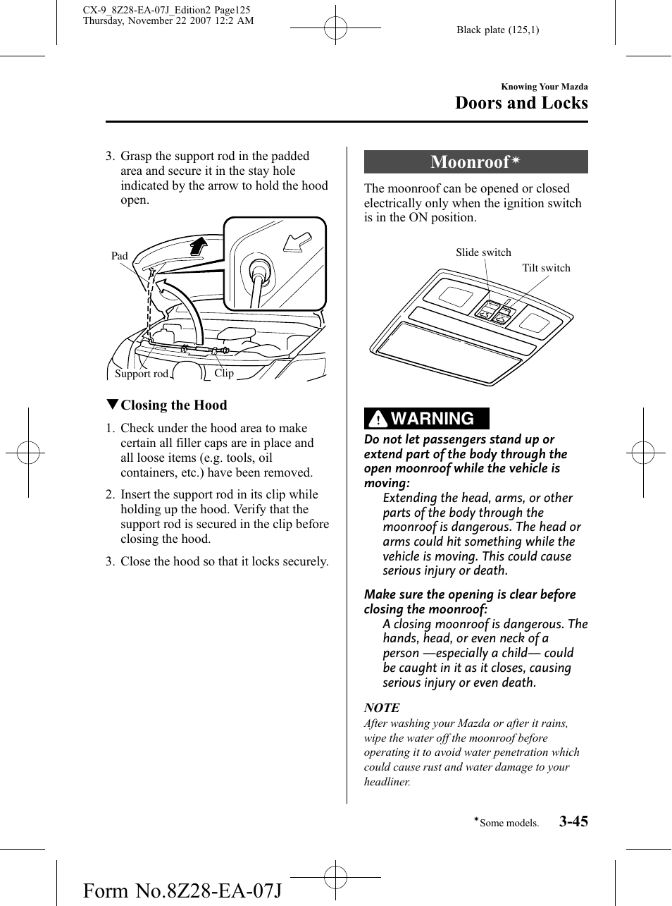 Moonroof, Doors and locks, Warning | Mazda 2008 CX-9 User Manual | Page 125 / 506