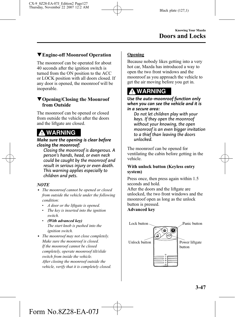 Doors and locks, Warning | Mazda 2008 CX-9 User Manual | Page 127 / 506