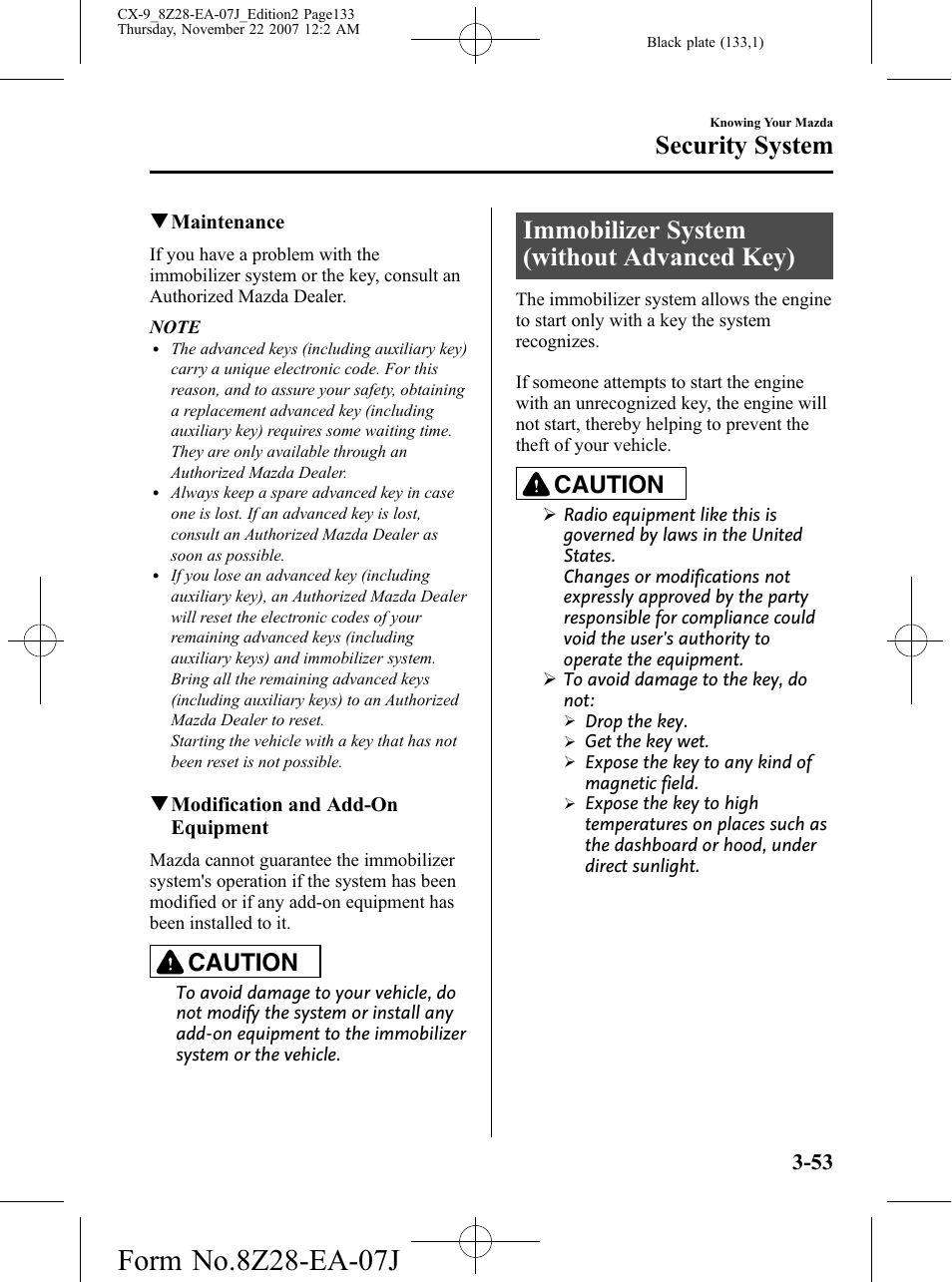 Immobilizer system (without advanced key), Immobilizer system (without advanced key) -53, Security system | Caution | Mazda 2008 CX-9 User Manual | Page 133 / 506