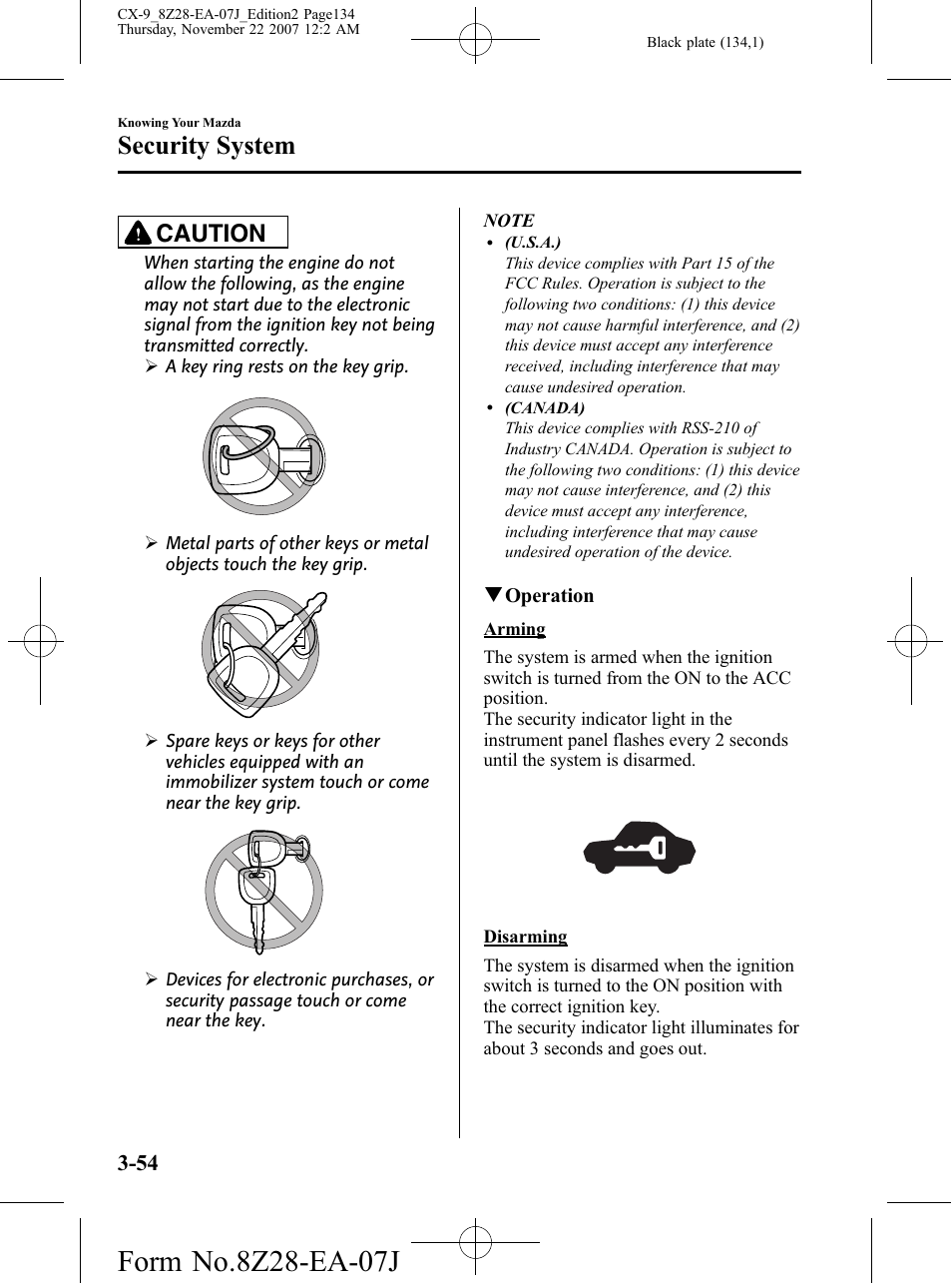 Security system, Caution | Mazda 2008 CX-9 User Manual | Page 134 / 506