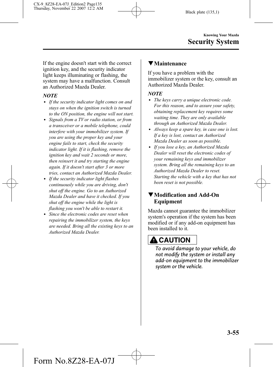 Security system, Caution, Qmaintenance | Qmodification and add-on equipment | Mazda 2008 CX-9 User Manual | Page 135 / 506
