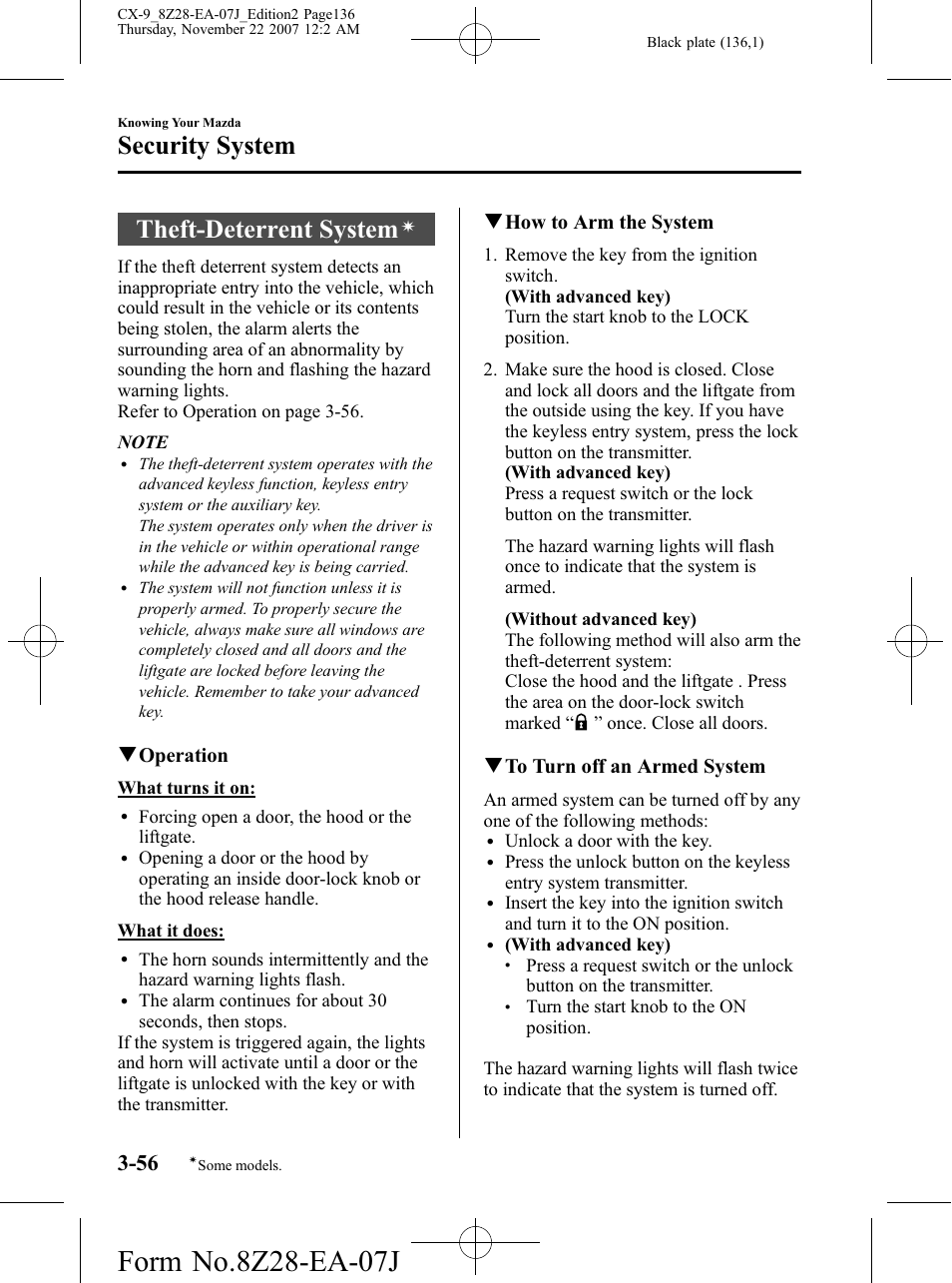 Theft-deterrent system, Security system, Qoperation | Qhow to arm the system, Qto turn off an armed system | Mazda 2008 CX-9 User Manual | Page 136 / 506