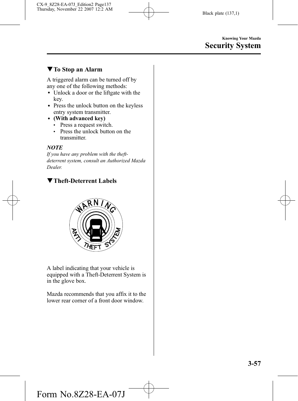 Security system, Qto stop an alarm, Qtheft-deterrent labels | Mazda 2008 CX-9 User Manual | Page 137 / 506