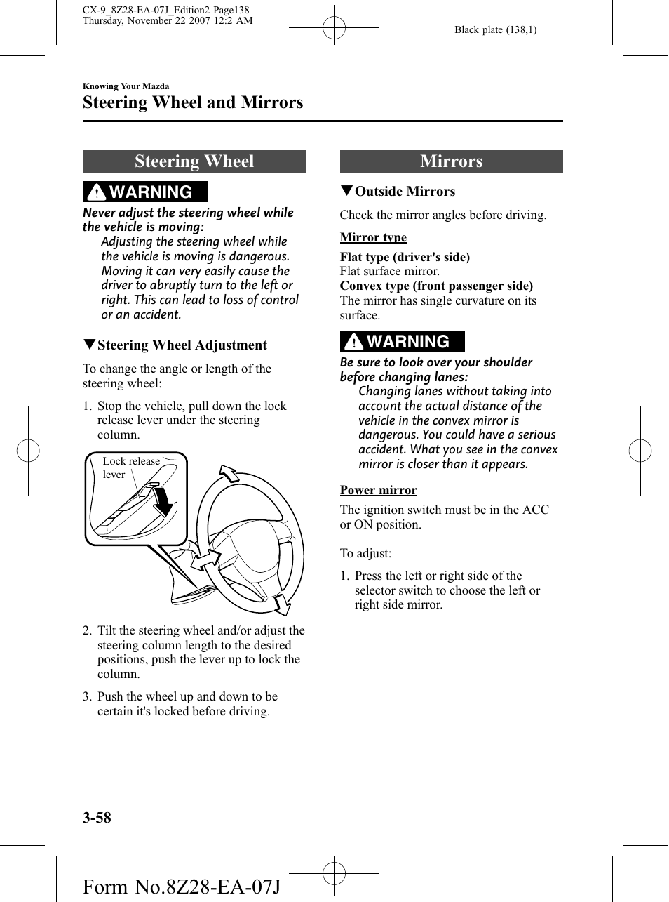 Steering wheel and mirrors, Steering wheel, Mirrors | Steering wheel and mirrors -58, Steering wheel -58 mirrors -58, Warning | Mazda 2008 CX-9 User Manual | Page 138 / 506