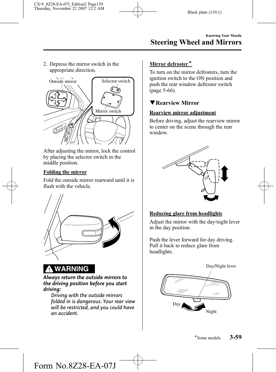 Steering wheel and mirrors, Warning | Mazda 2008 CX-9 User Manual | Page 139 / 506