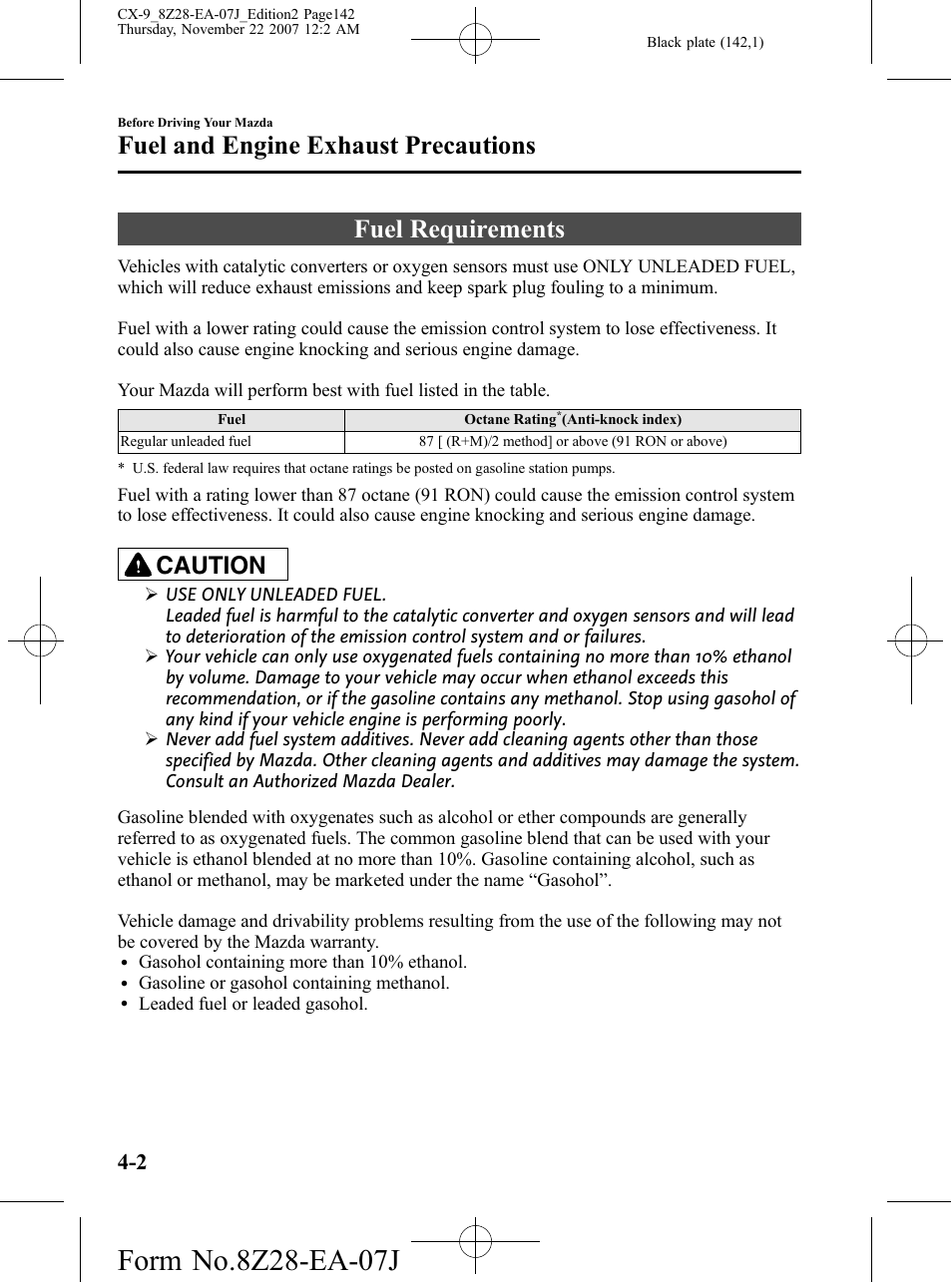 Fuel and engine exhaust precautions, Fuel requirements, Fuel and engine exhaust precautions -2 | Fuel requirements -2, Caution | Mazda 2008 CX-9 User Manual | Page 142 / 506