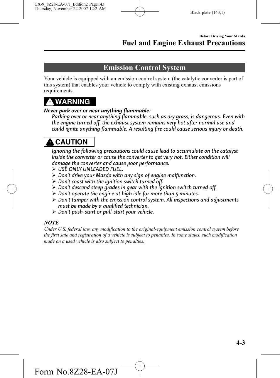 Emission control system, Emission control system -3, Fuel and engine exhaust precautions | Warning, Caution | Mazda 2008 CX-9 User Manual | Page 143 / 506