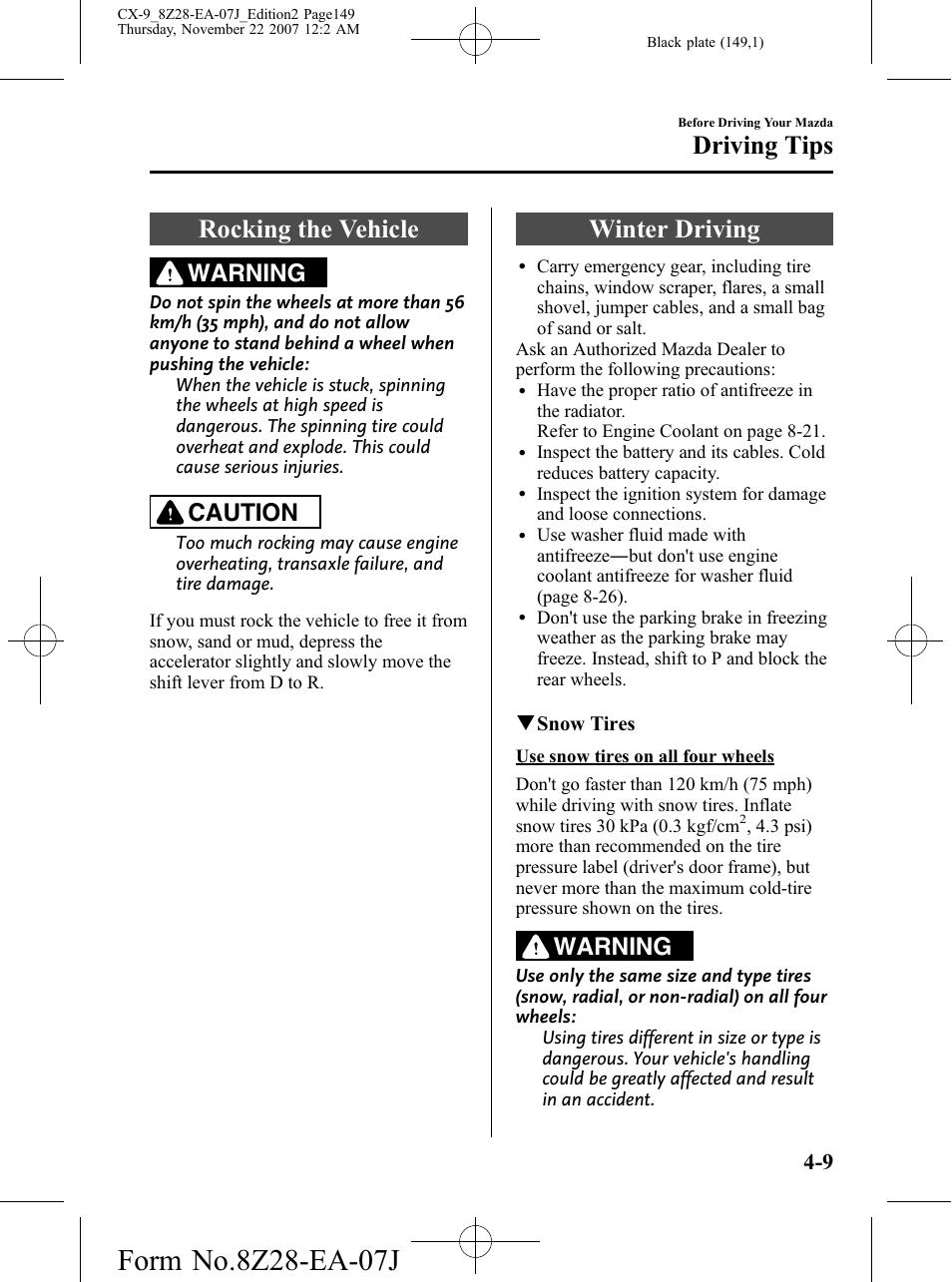 Rocking the vehicle, Winter driving, Rocking the vehicle -9 winter driving -9 | Driving tips, Warning, Caution | Mazda 2008 CX-9 User Manual | Page 149 / 506