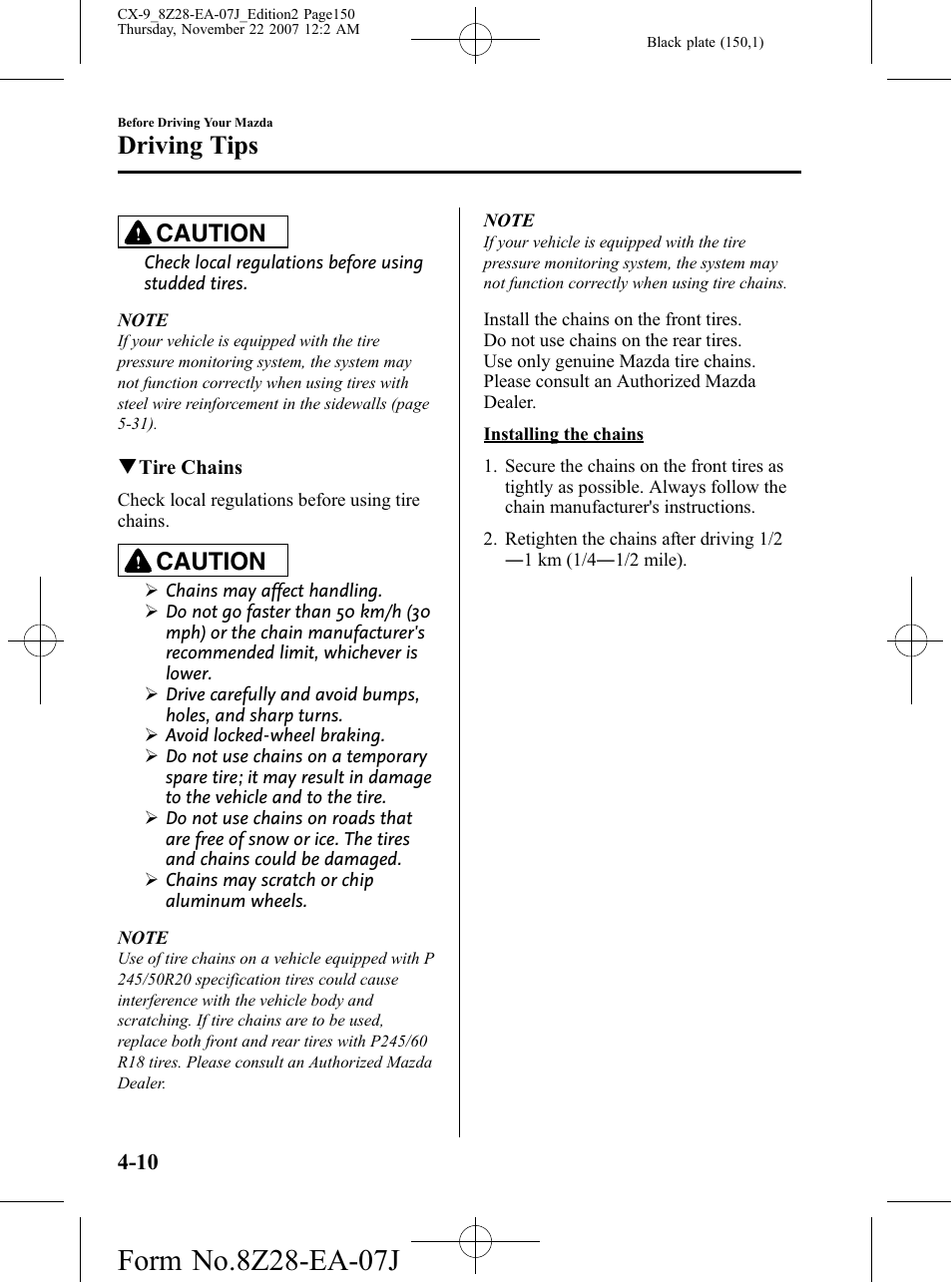 Driving tips, Caution | Mazda 2008 CX-9 User Manual | Page 150 / 506