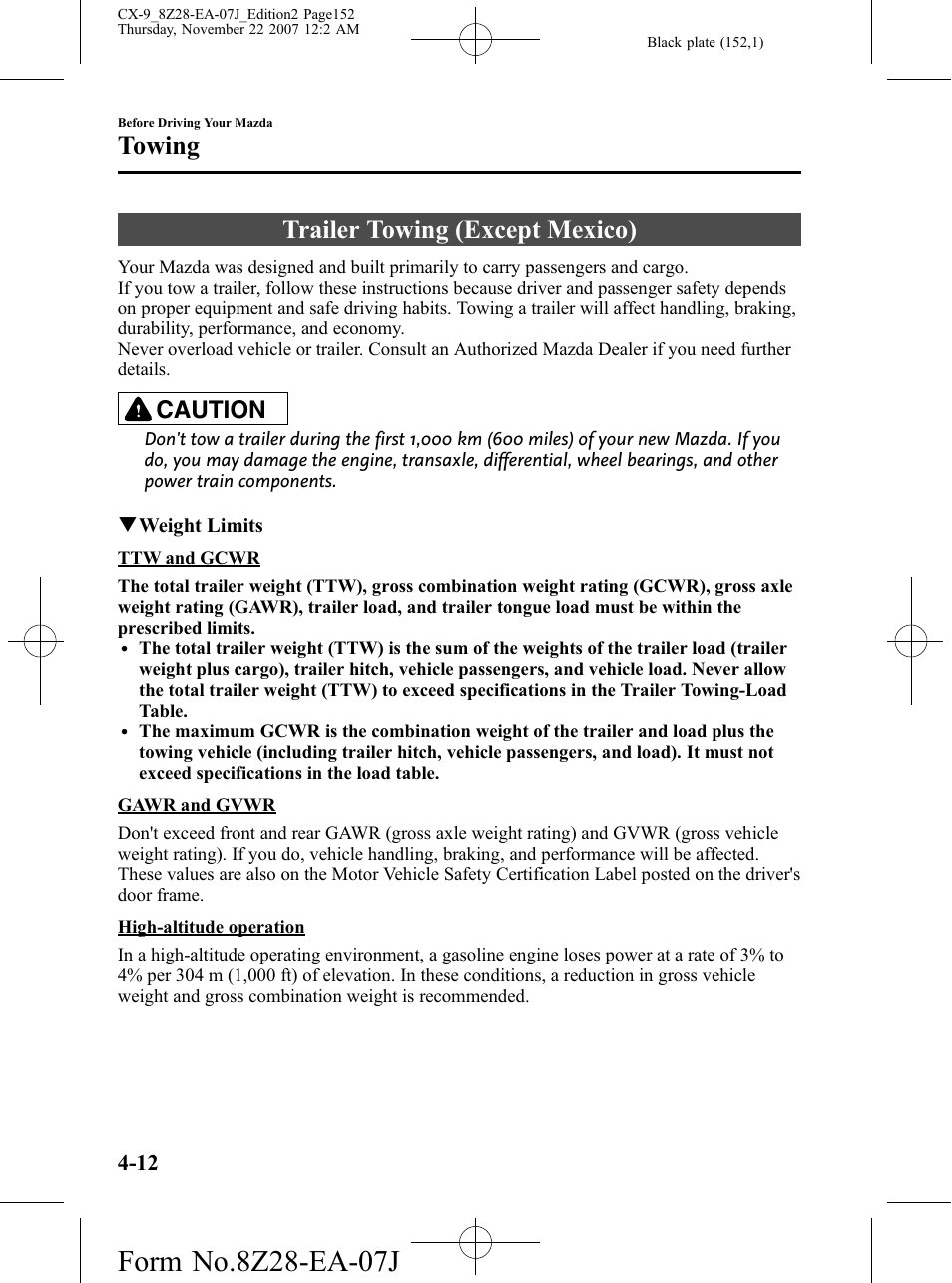 Towing, Trailer towing (except mexico), Towing -12 | Trailer towing (except mexico) -12, Caution | Mazda 2008 CX-9 User Manual | Page 152 / 506