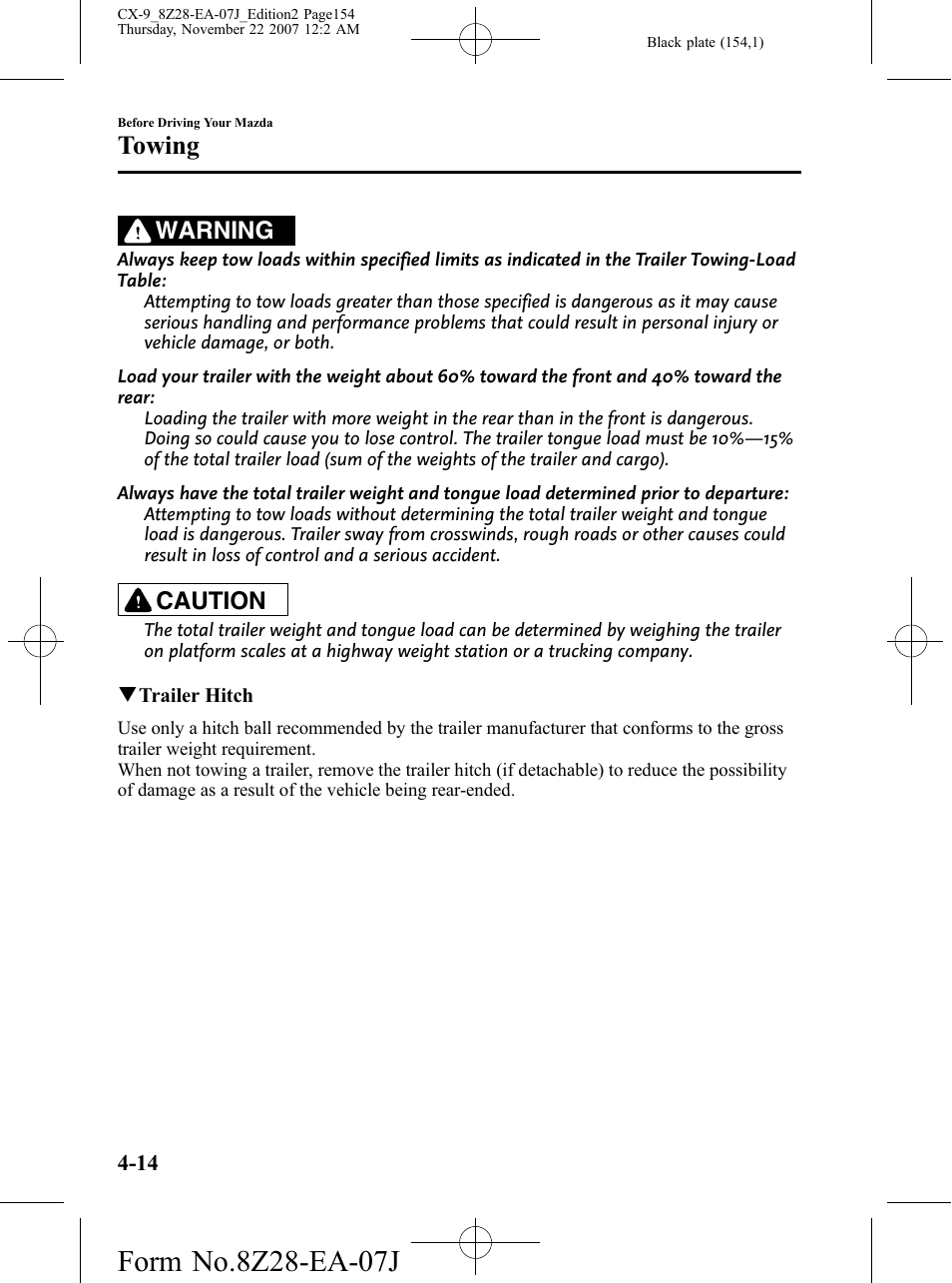 Towing, Warning, Caution | Mazda 2008 CX-9 User Manual | Page 154 / 506