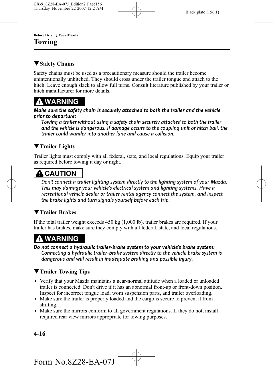 Towing, Warning, Caution | Mazda 2008 CX-9 User Manual | Page 156 / 506