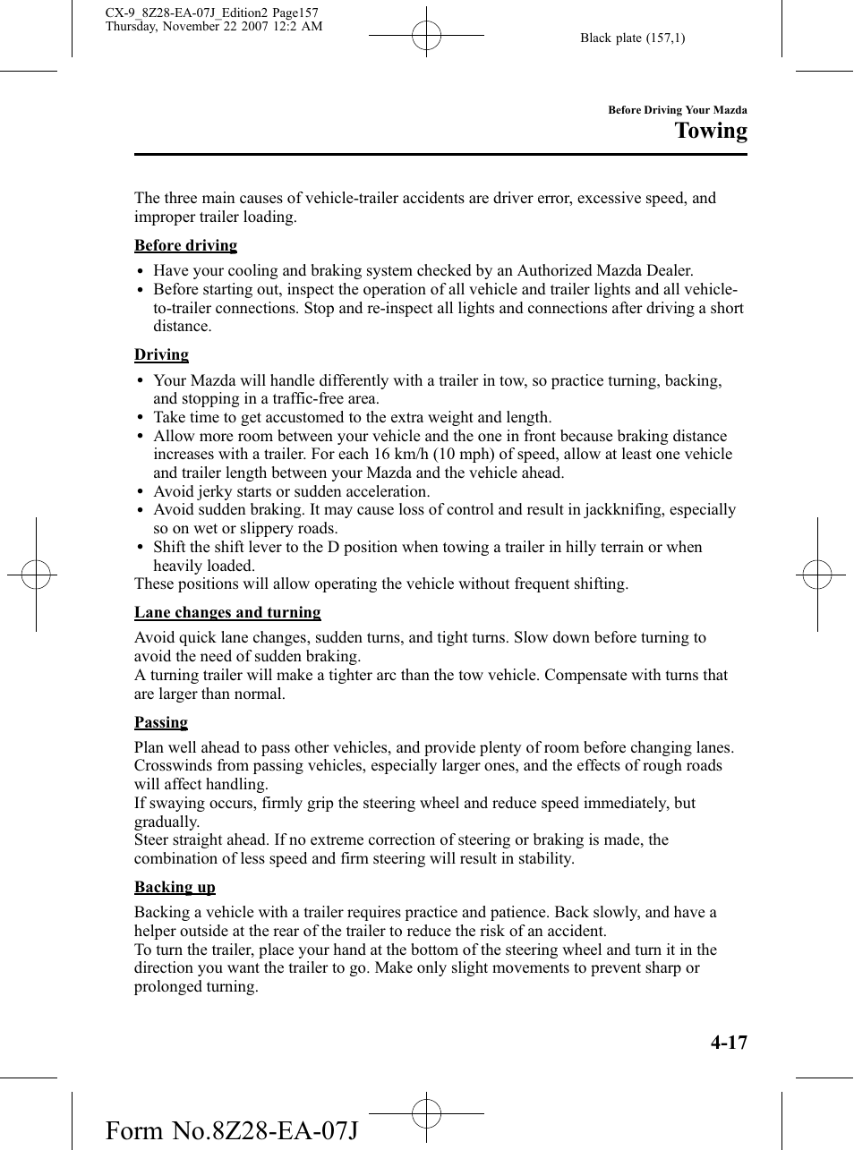 Towing | Mazda 2008 CX-9 User Manual | Page 157 / 506