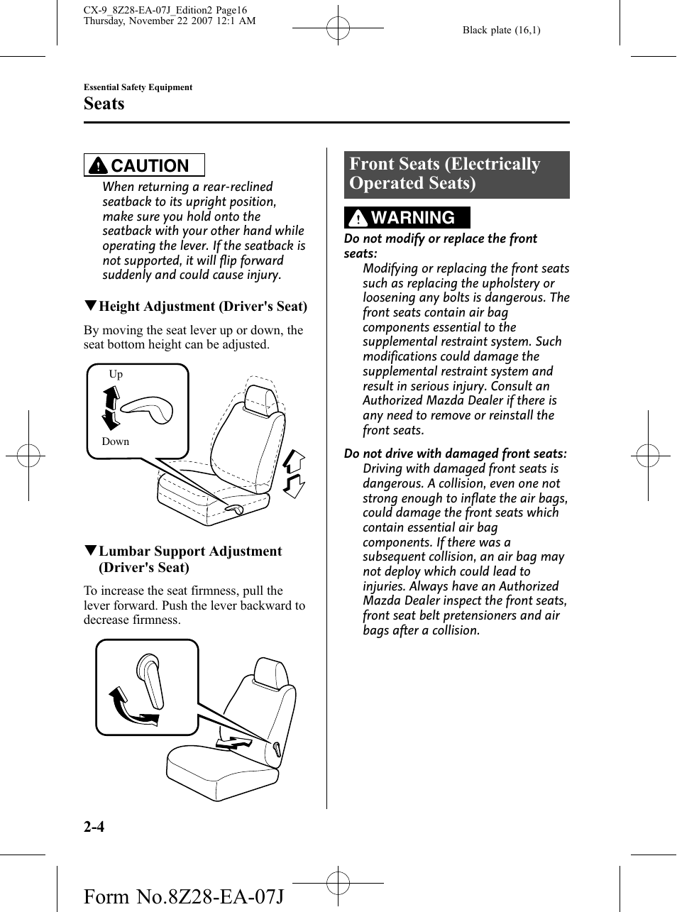 Front seats (electrically operated seats), Front seats (electrically operated seats) -4, Seats | Caution, Warning | Mazda 2008 CX-9 User Manual | Page 16 / 506