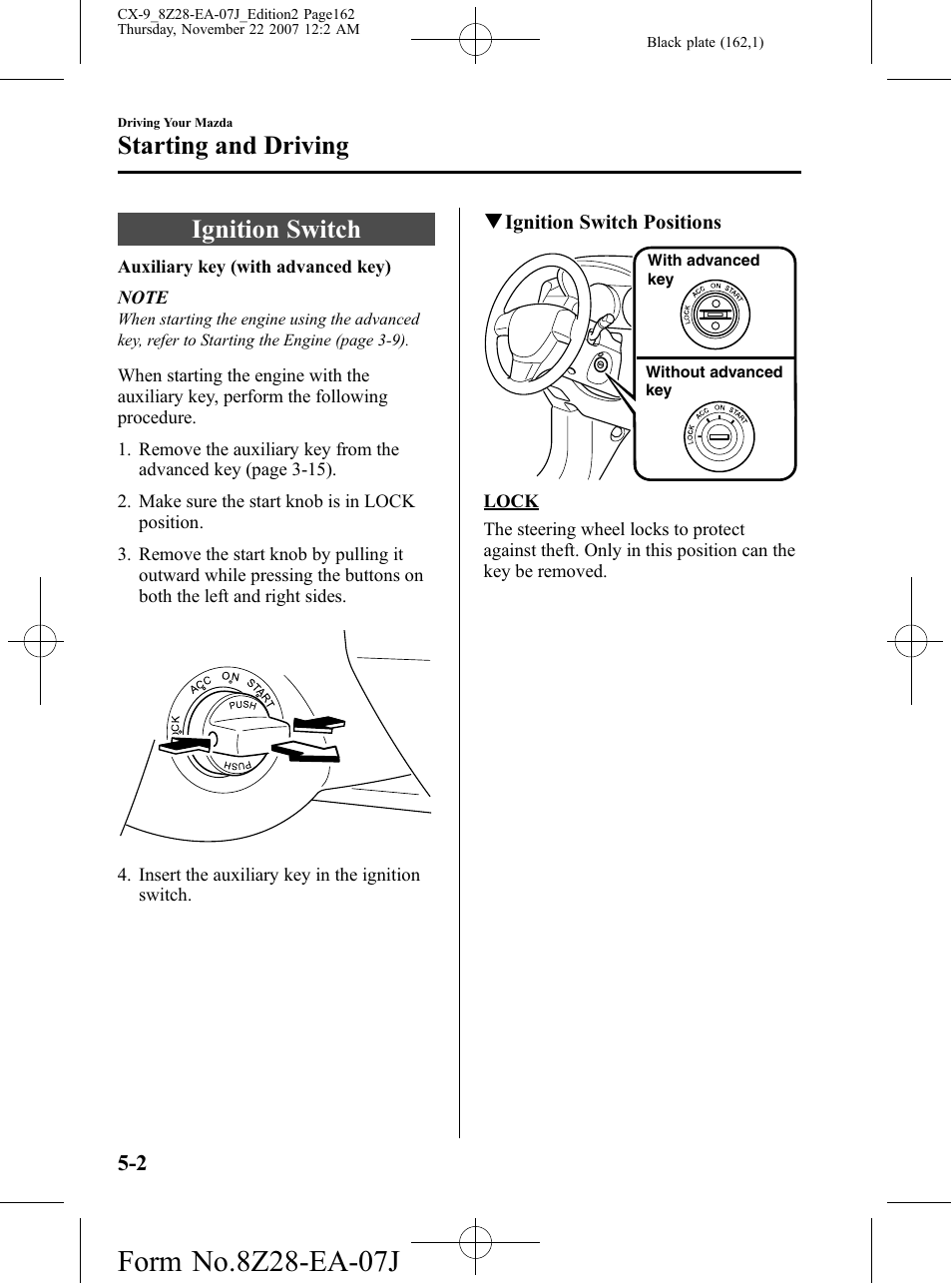 Starting and driving, Ignition switch, Starting and driving -2 | Ignition switch -2 | Mazda 2008 CX-9 User Manual | Page 162 / 506