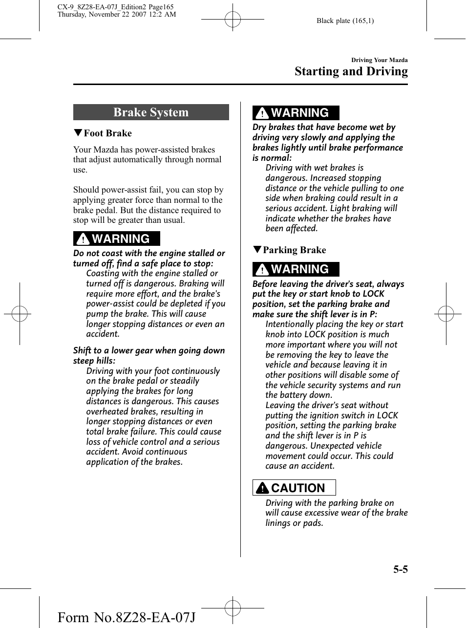 Brake system, Brake system -5, Starting and driving | Warning, Caution | Mazda 2008 CX-9 User Manual | Page 165 / 506