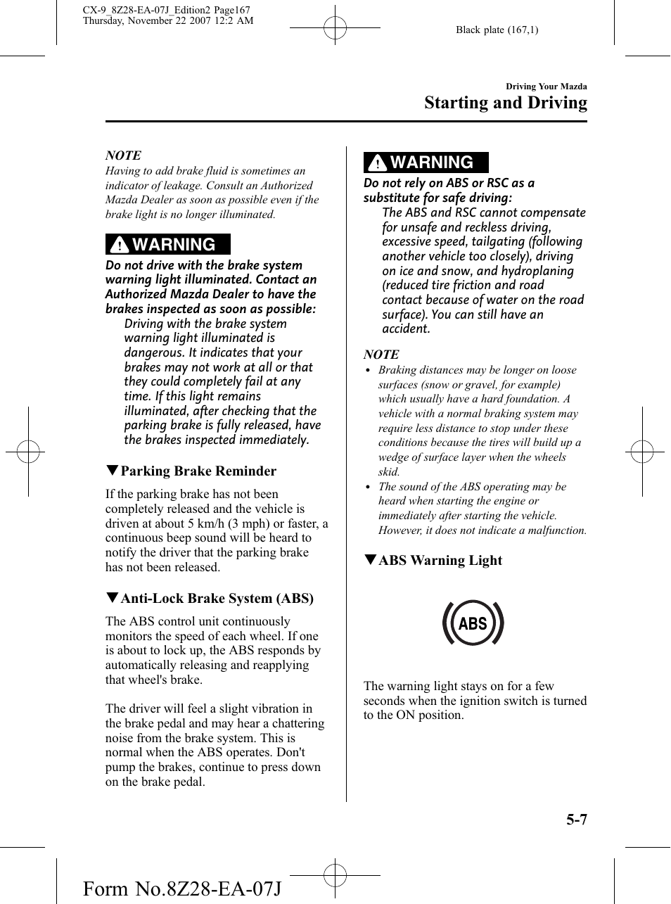 Starting and driving, Warning | Mazda 2008 CX-9 User Manual | Page 167 / 506